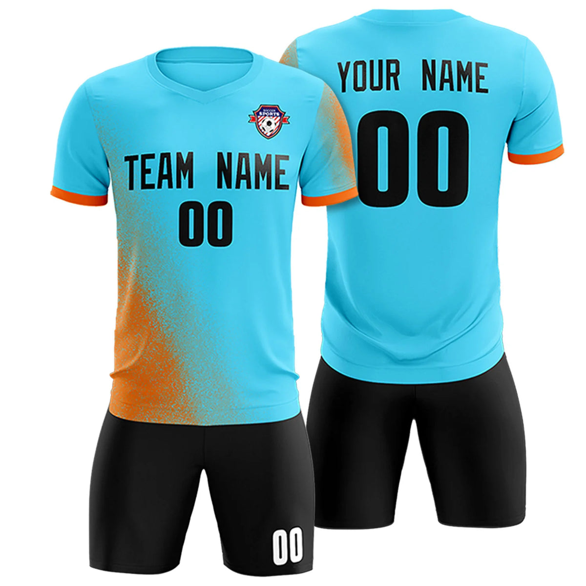 Custom Sky Blue Orange Outdoor Sport Soccer Sets Jersey