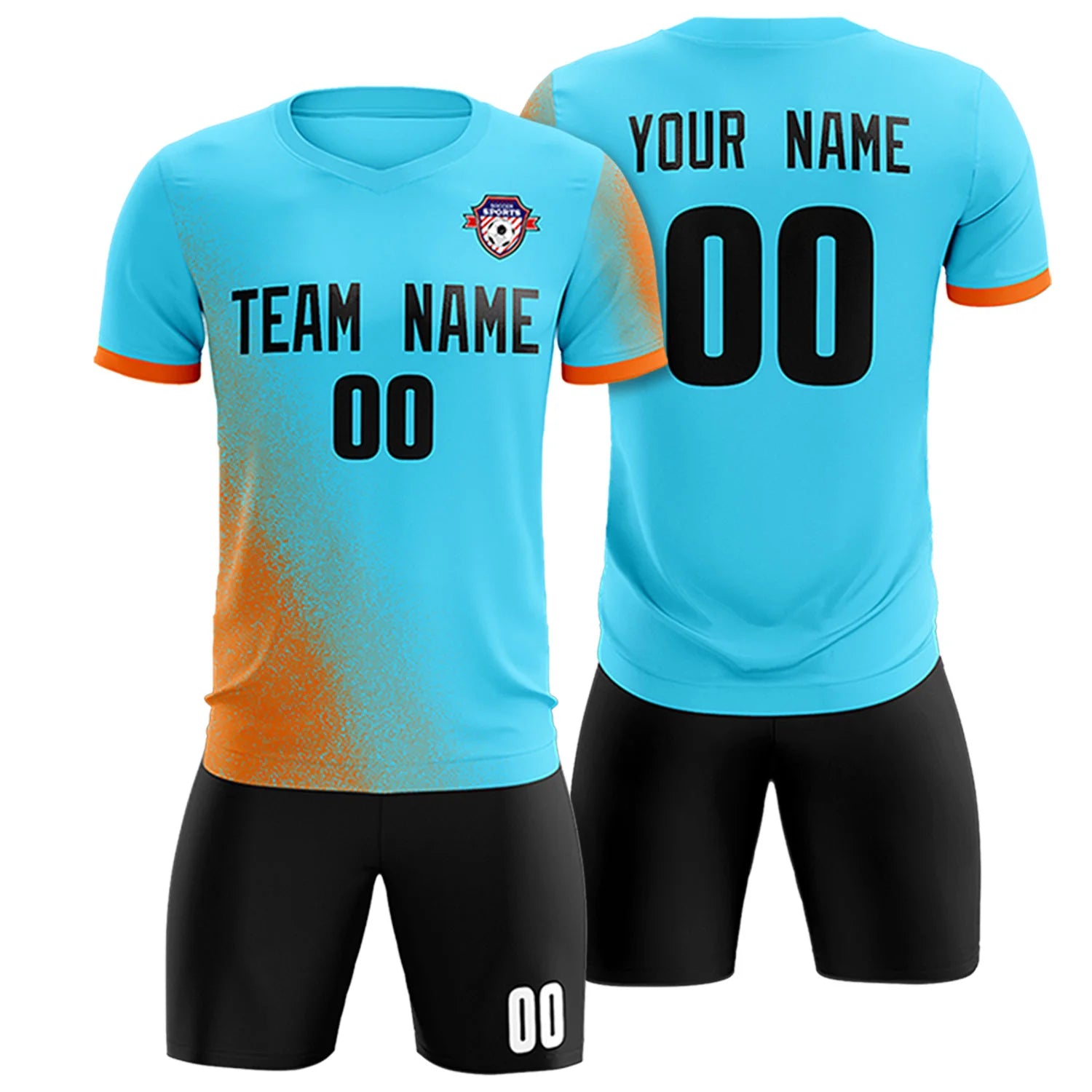 Custom Sky Blue Orange Outdoor Sport Soccer Sets Jersey