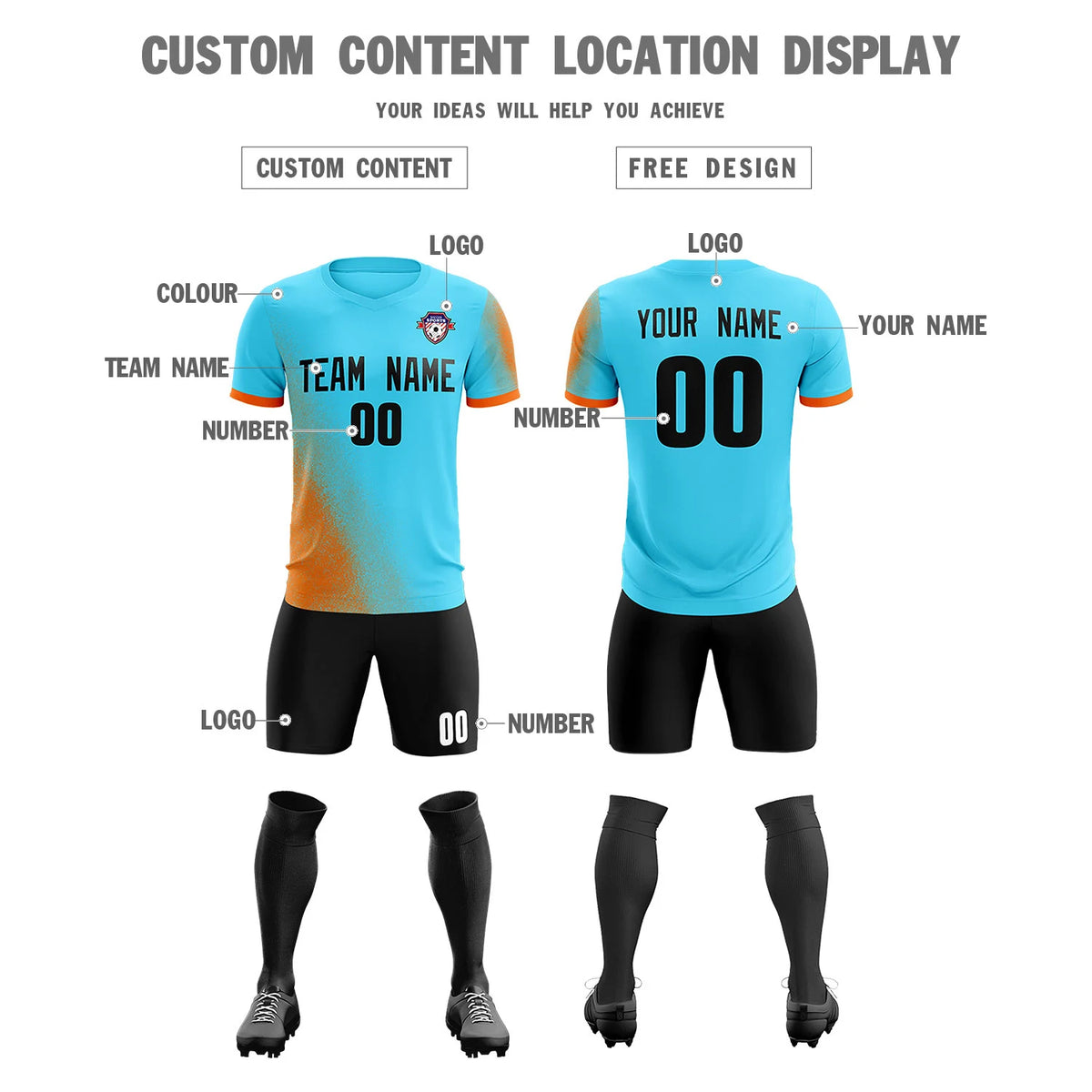 Custom Sky Blue Orange Outdoor Sport Soccer Sets Jersey