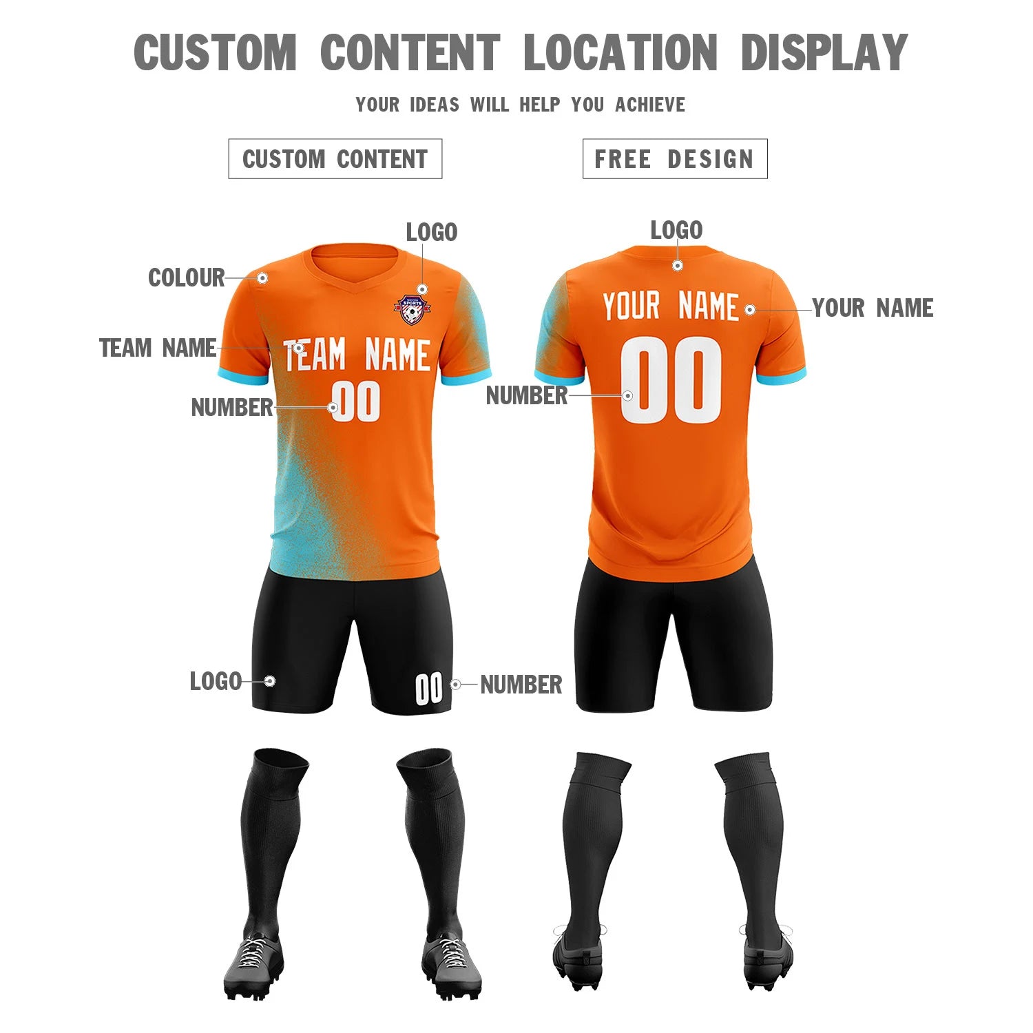 Custom Orange Sky Blue Outdoor Sport Soccer Sets Jersey