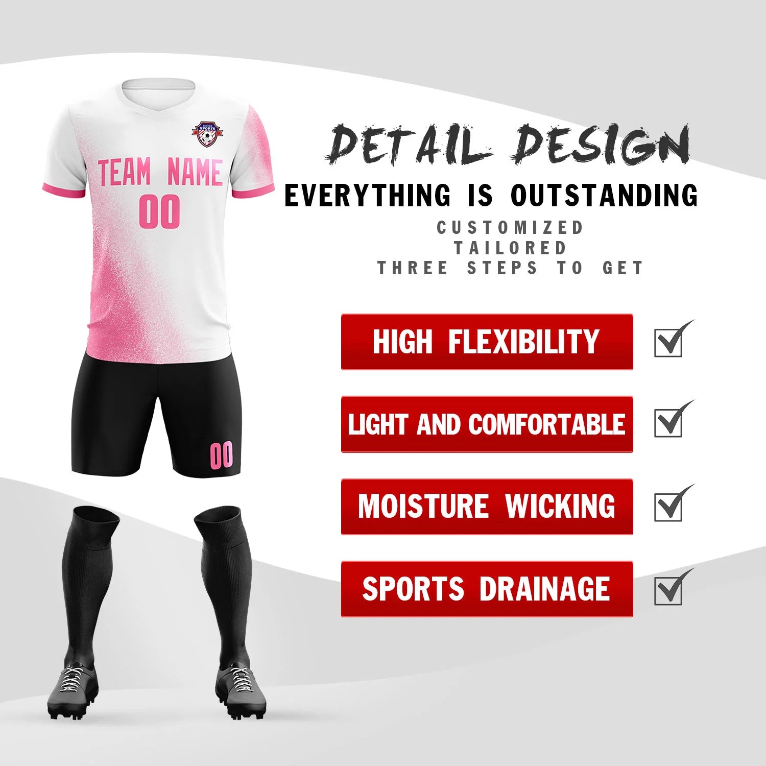 Custom White Pink Outdoor Sport Soccer Sets Jersey