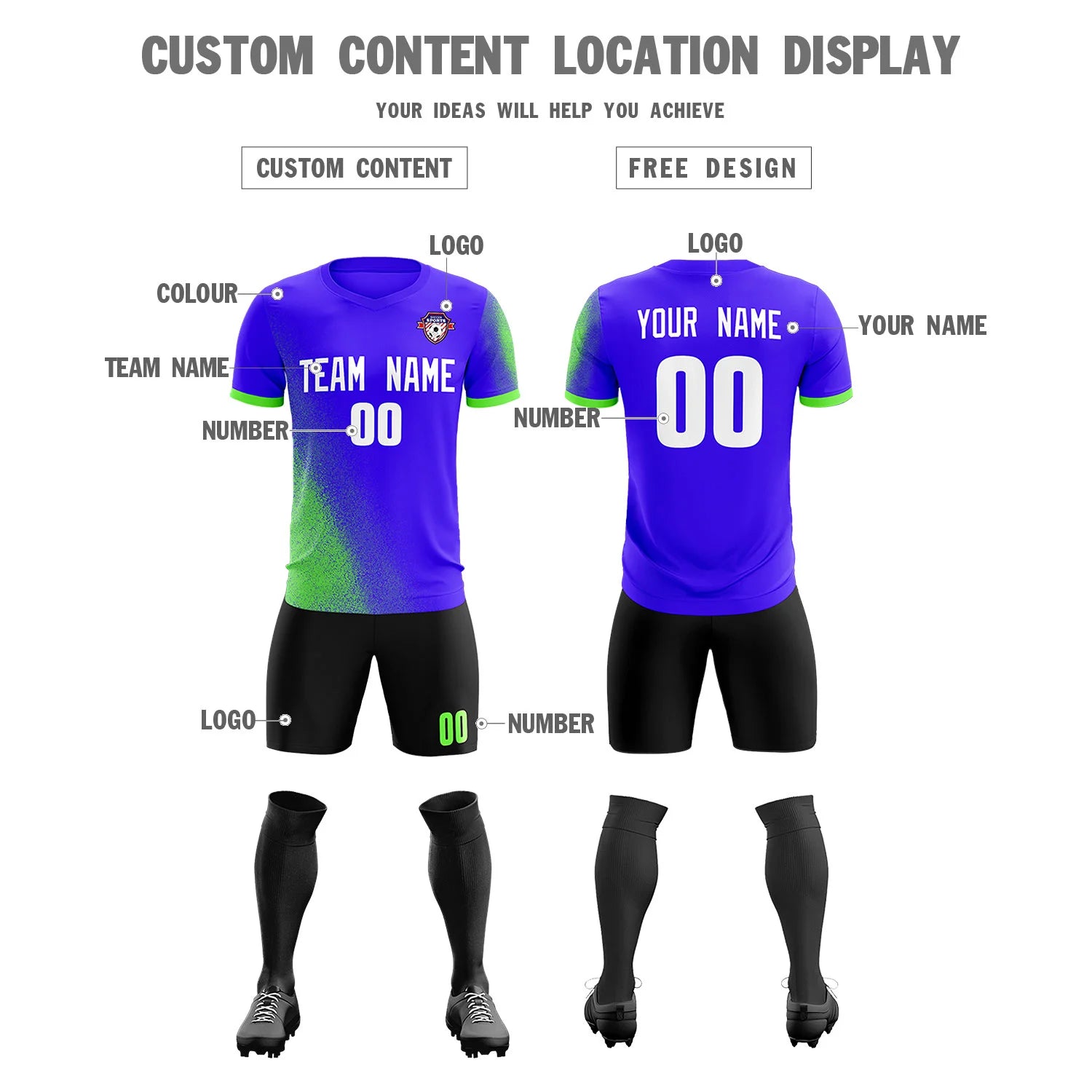 Custom Royal Blue Neon Green Outdoor Sport Soccer Sets Jersey