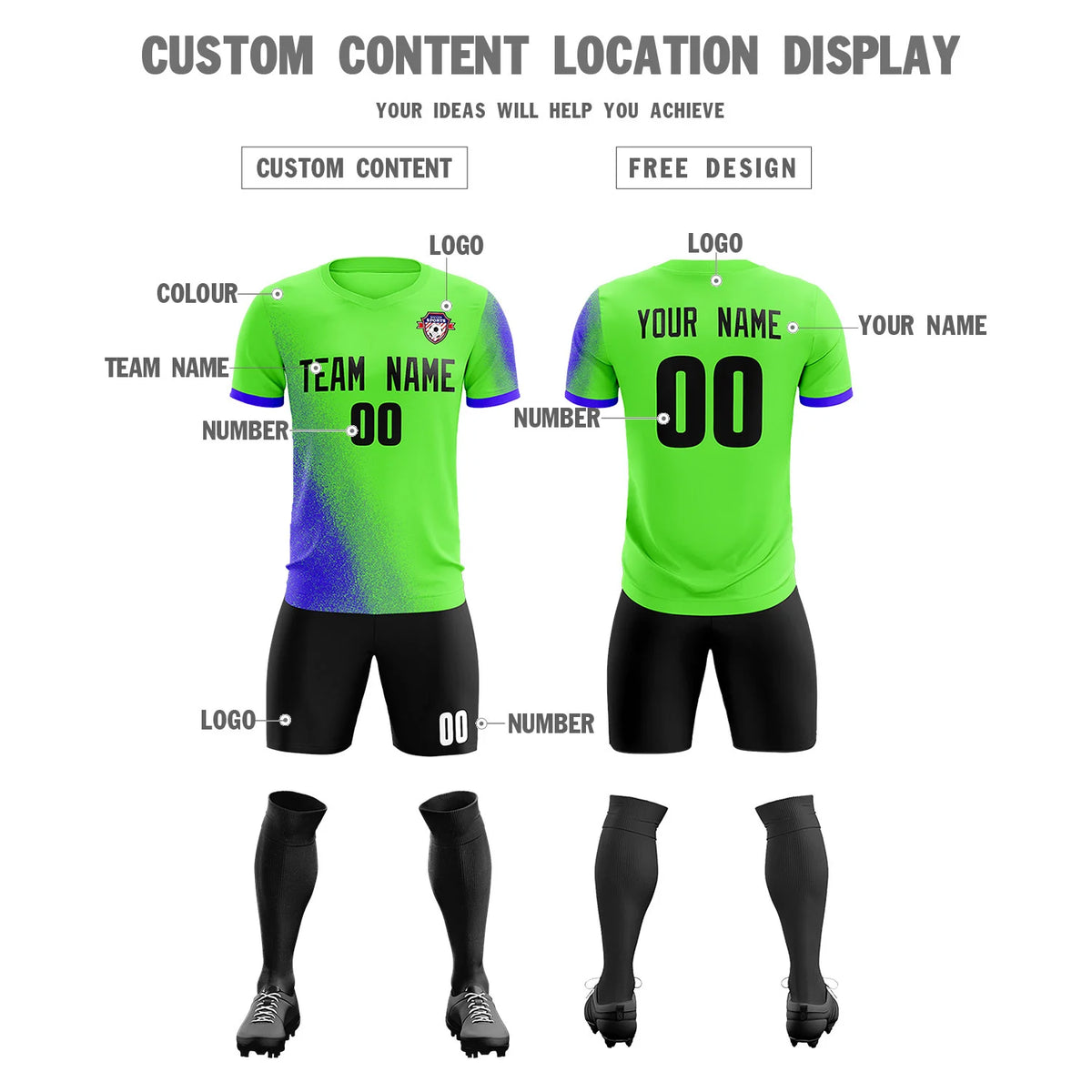 Custom Neon Green Royal Blue Outdoor Sport Soccer Sets Jersey