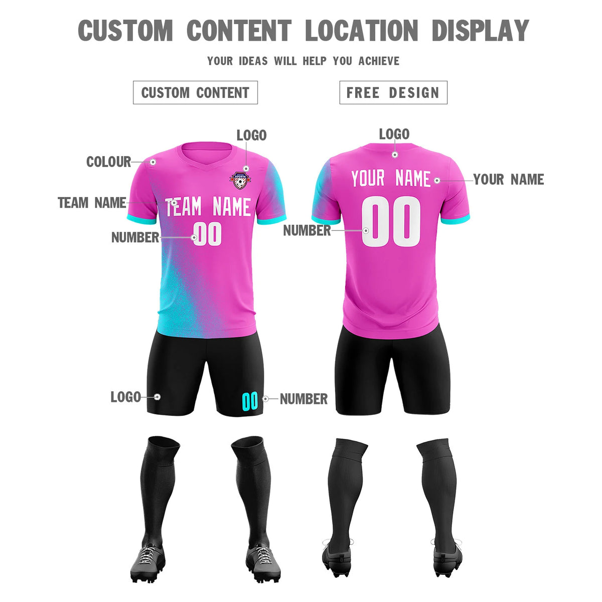 Custom Pink Sky Blue Outdoor Sport Soccer Sets Jersey