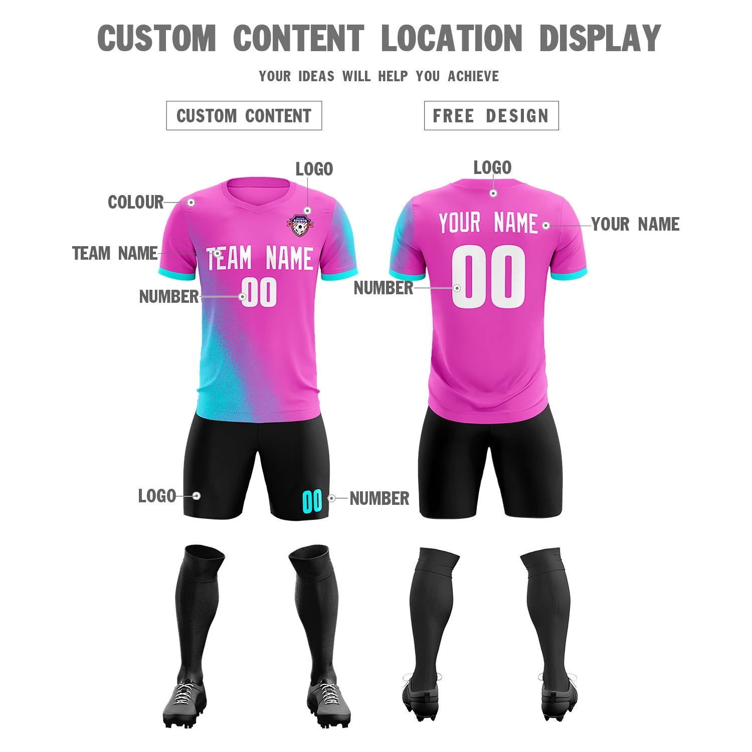 Custom Pink Sky Blue Outdoor Sport Soccer Sets Jersey