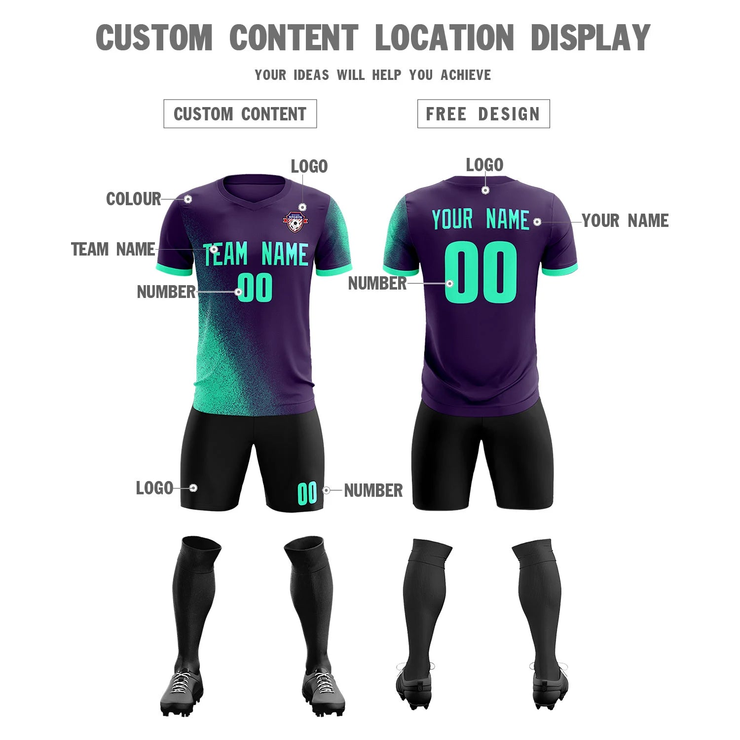 Custom Dark Purple Green Outdoor Sport Soccer Sets Jersey