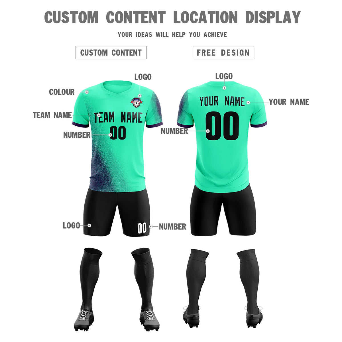 Custom Green Dark Purple Outdoor Sport Soccer Sets Jersey