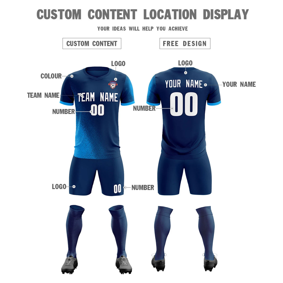 Custom Navy Powder Blue Outdoor Sport Soccer Sets Jersey
