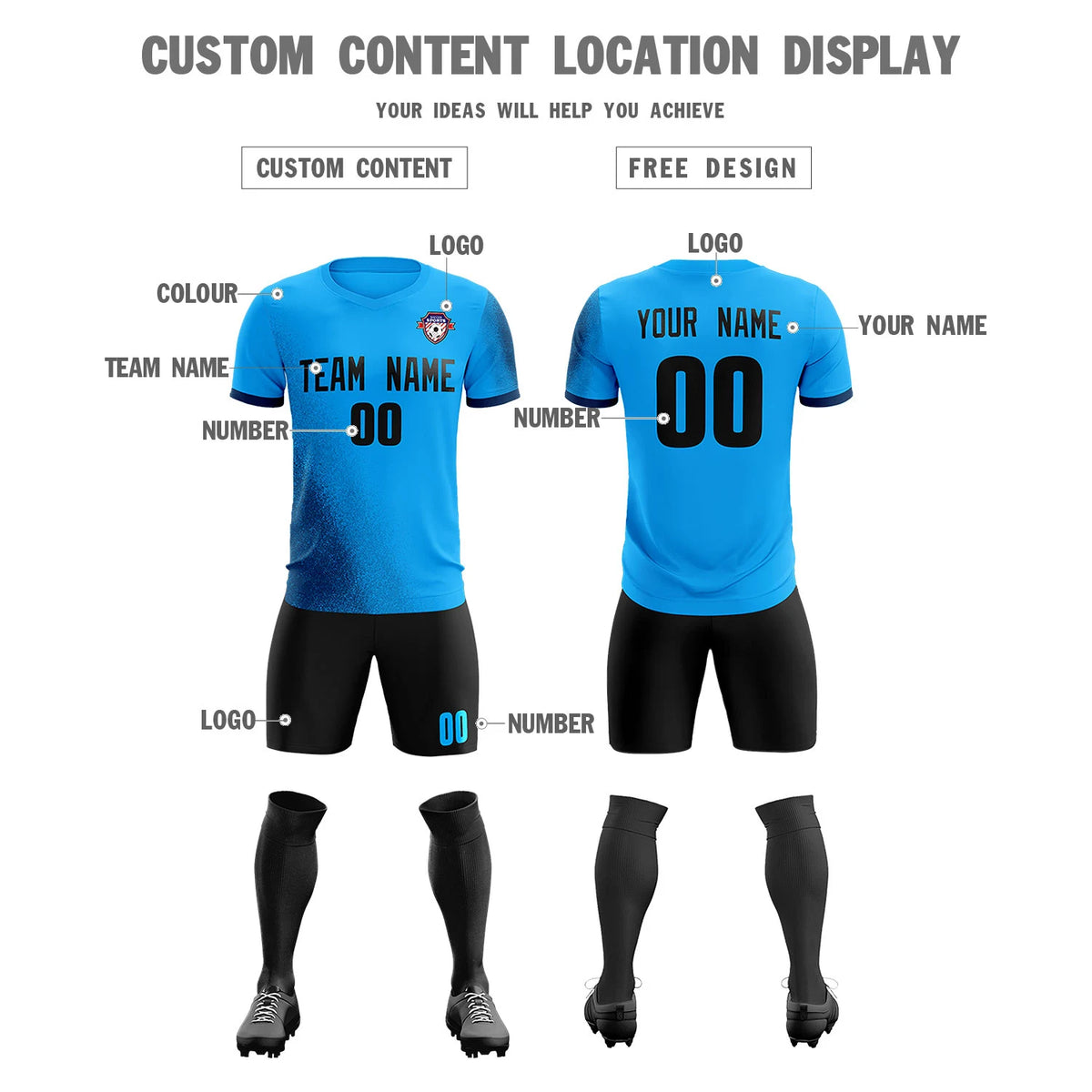 Custom Powder Blue Navy Outdoor Sport Soccer Sets Jersey