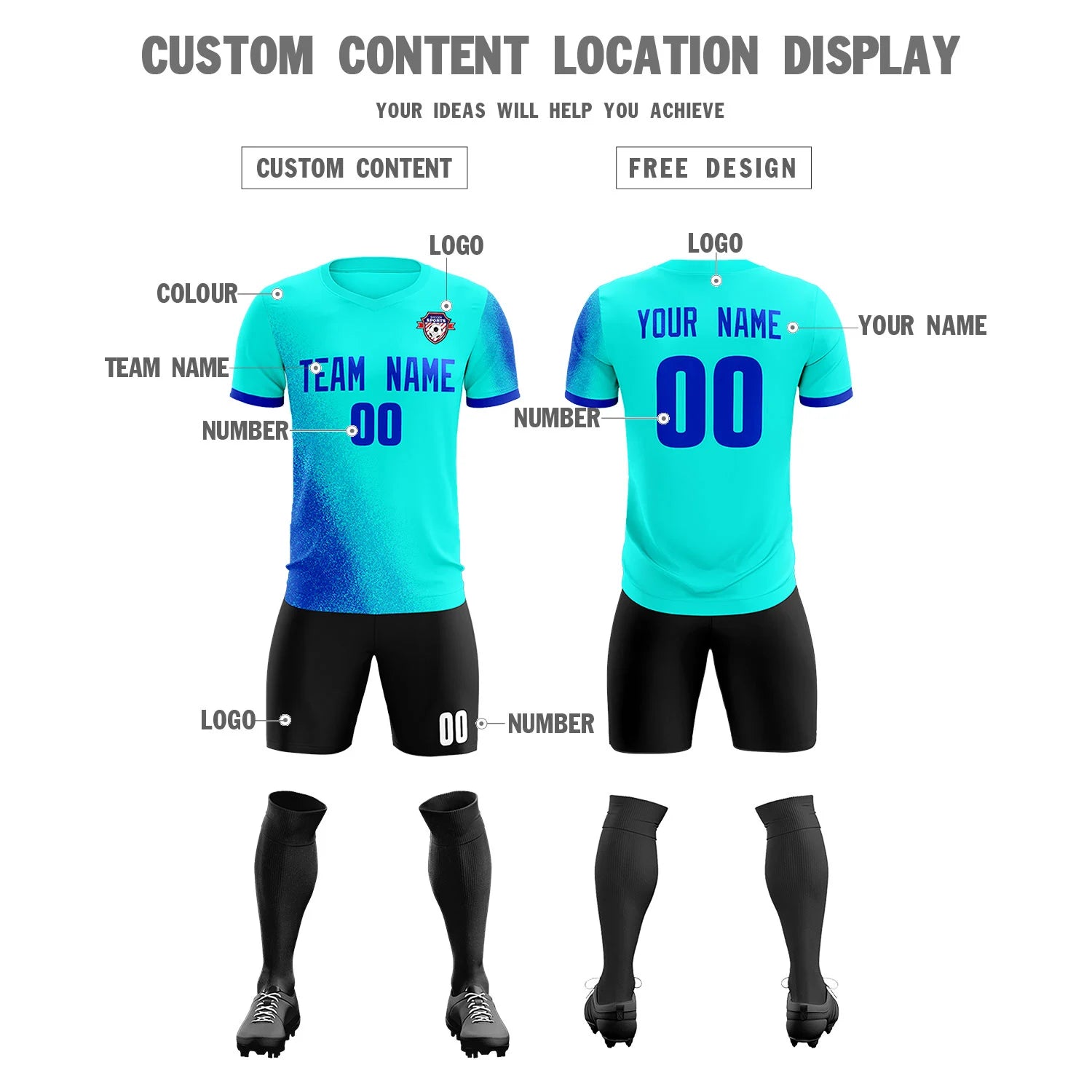 Custom Blue Royal Blue Outdoor Sport Soccer Sets Jersey