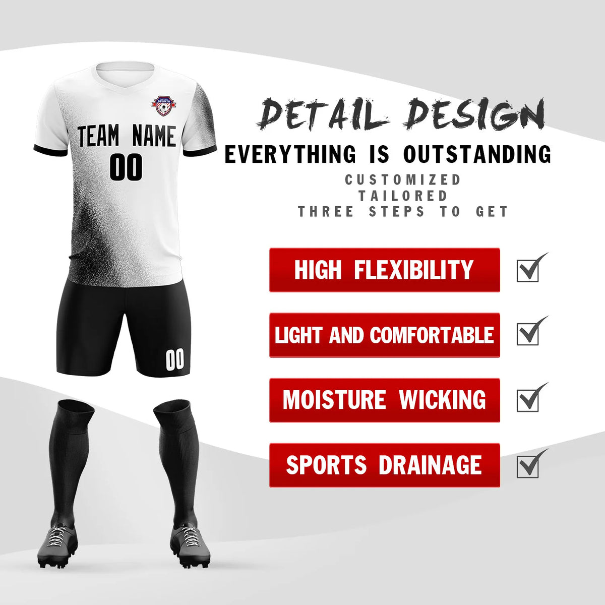 Custom White Black Outdoor Sport Soccer Sets Jersey