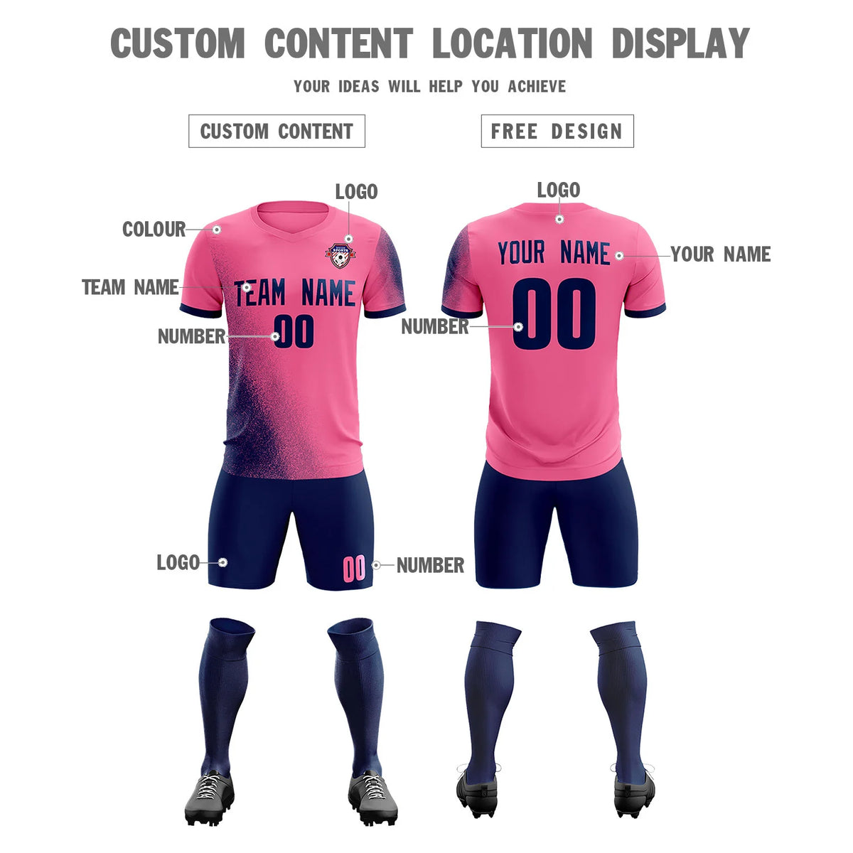 Custom Pink Navy Outdoor Sport Soccer Sets Jersey
