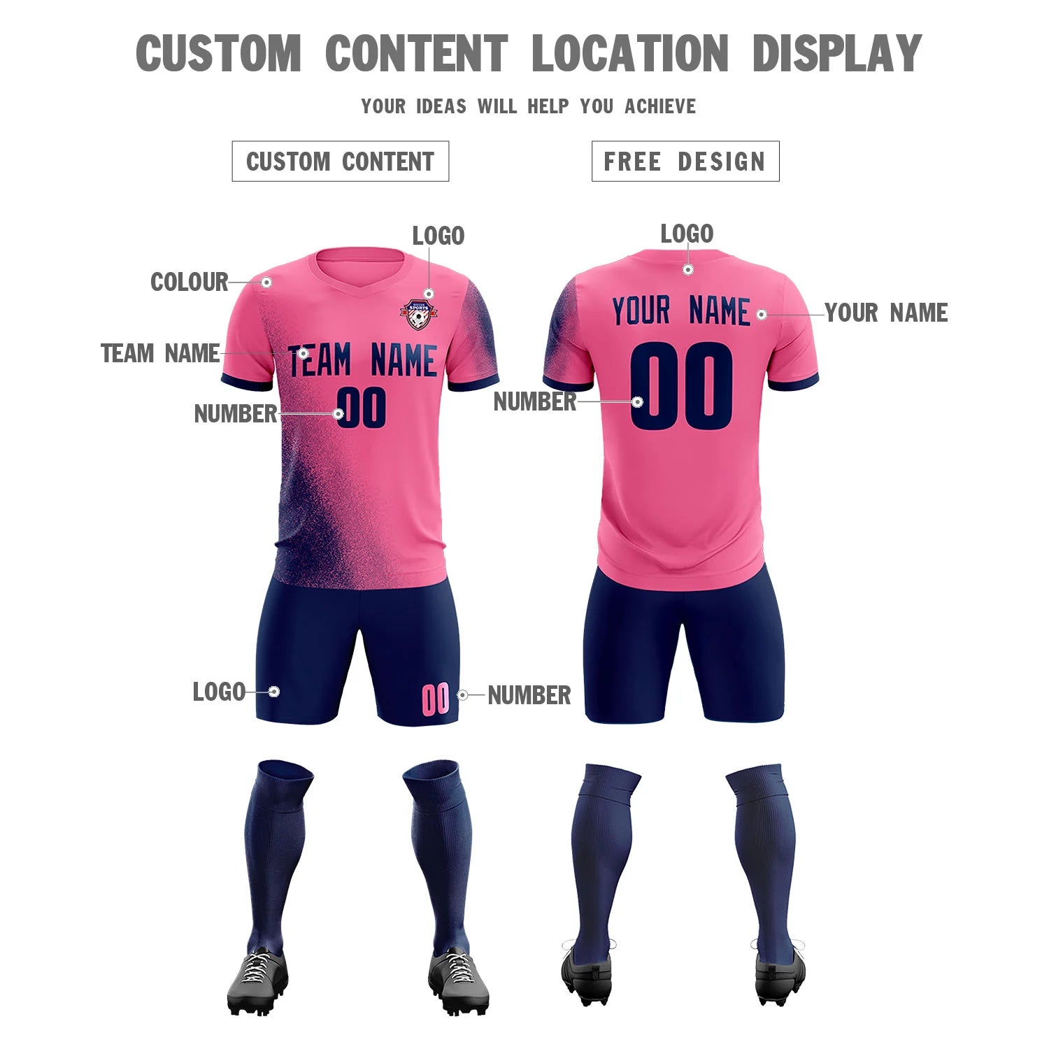 Custom Pink Navy Outdoor Sport Soccer Sets Jersey