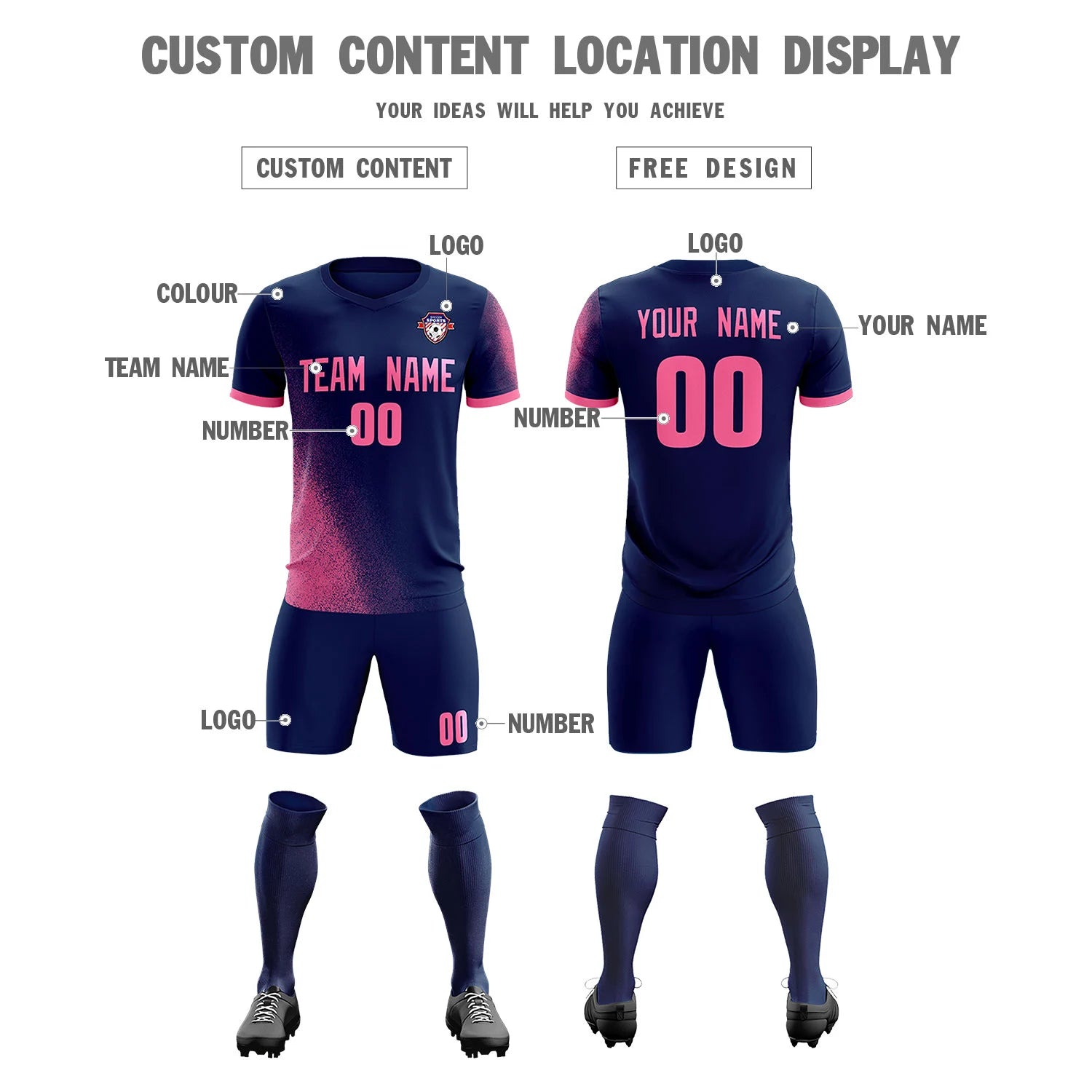 Custom Navy Pink Outdoor Sport Soccer Sets Jersey
