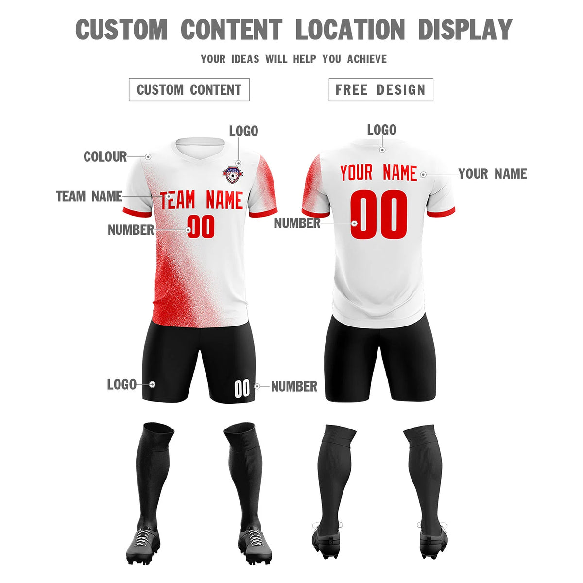 Custom White Red Outdoor Sport Soccer Sets Jersey
