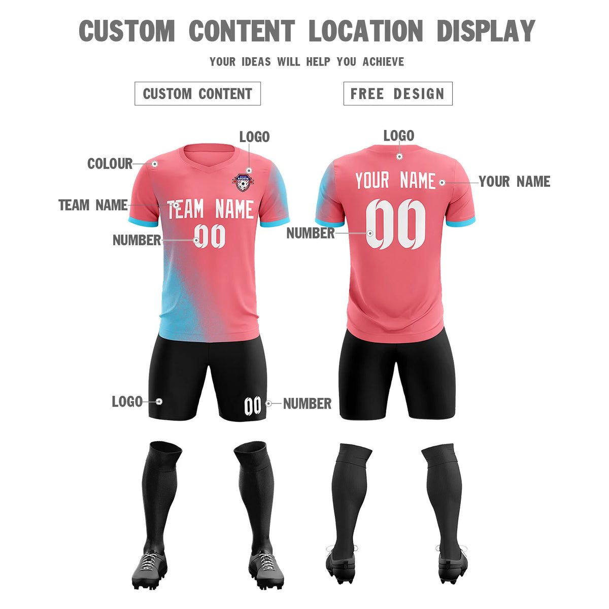 Custom Light Red Sky Blue Outdoor Sport Soccer Sets Jersey
