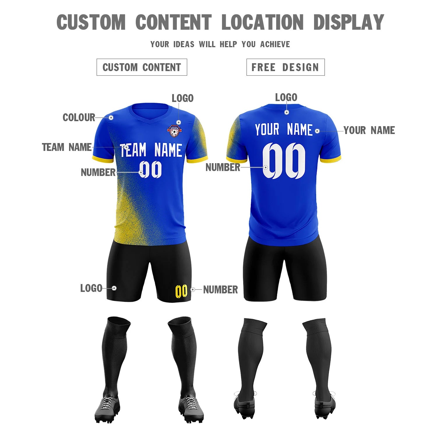 Custom Royal Blue Gold01 Outdoor Sport Soccer Sets Jersey