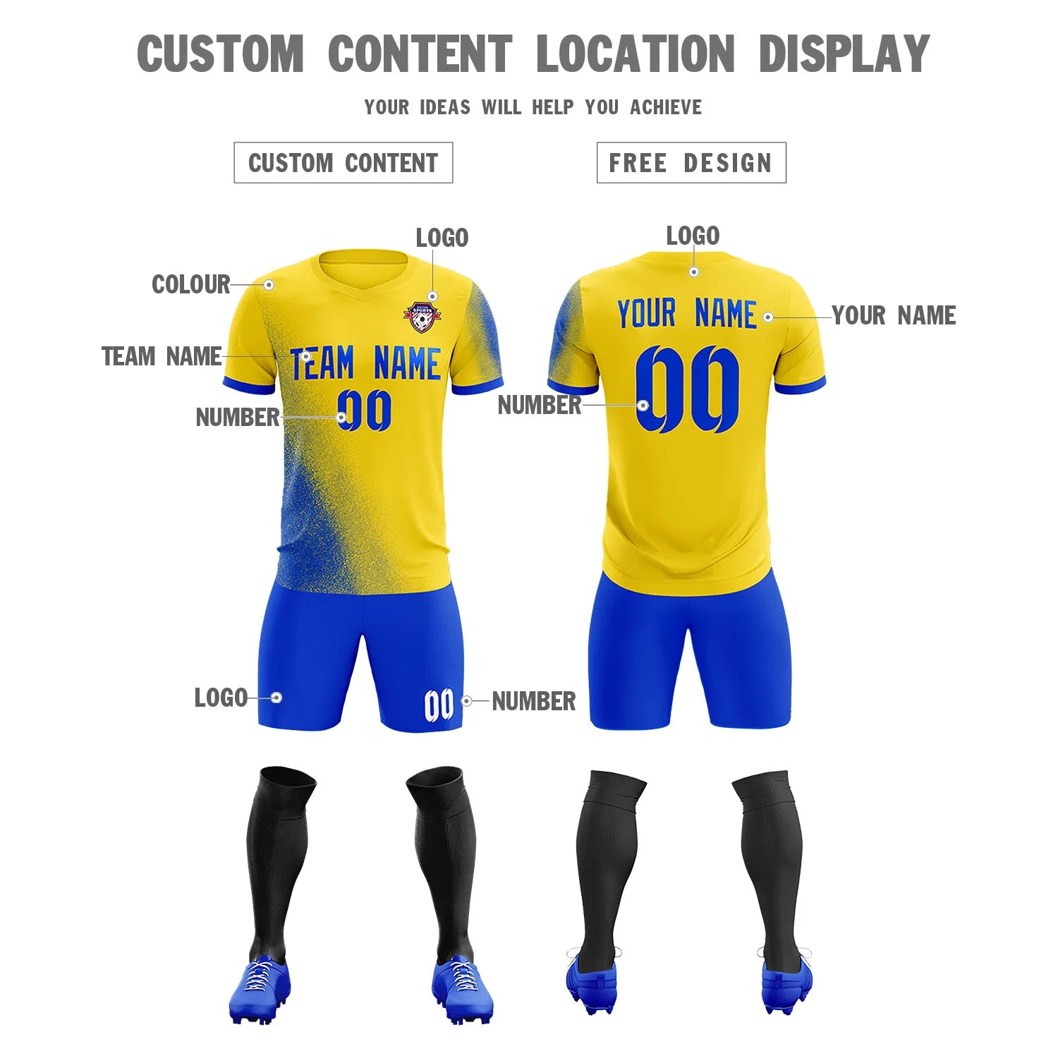 Custom Gold01 Royal Blue Outdoor Sport Soccer Sets Jersey