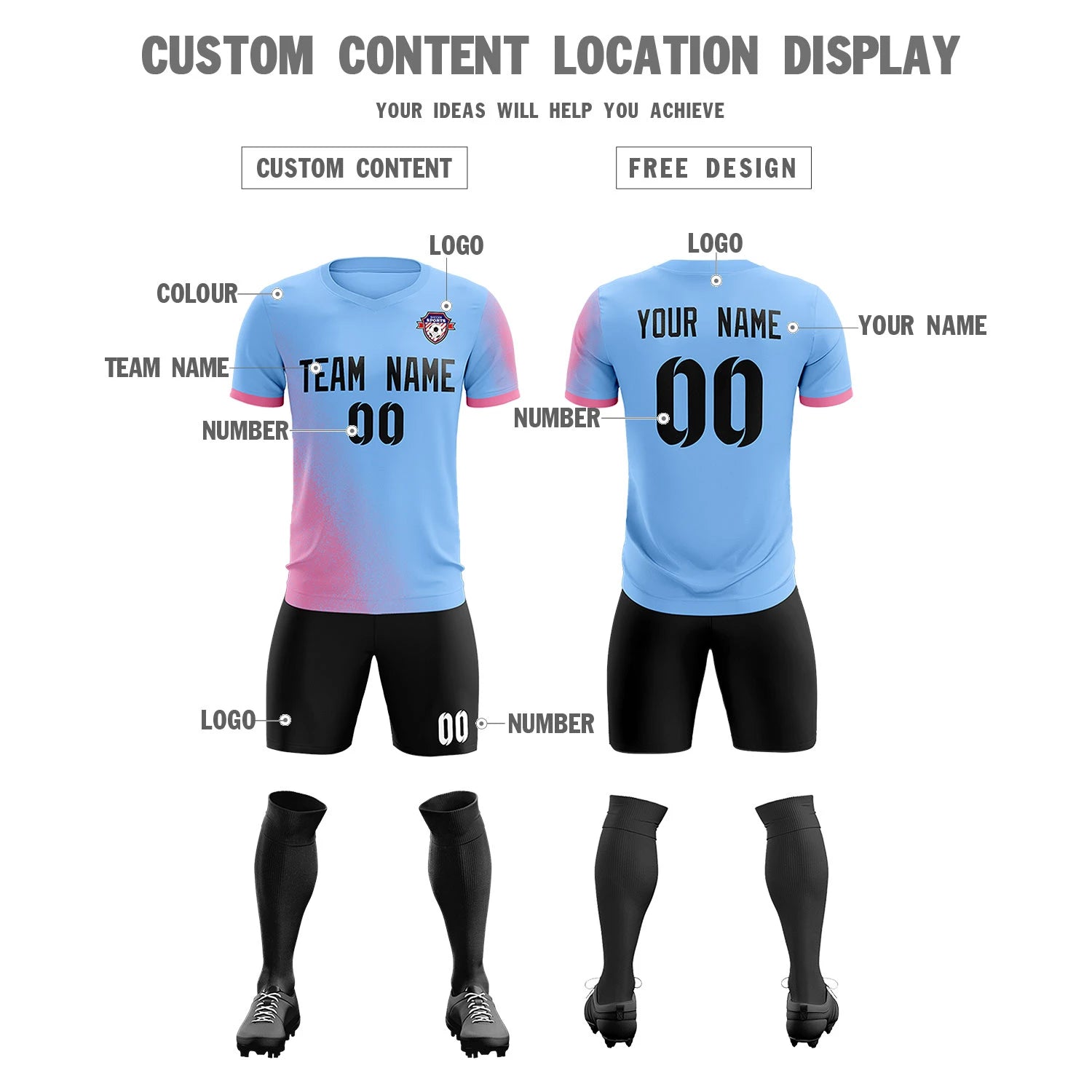 Custom Light Blue Pink Outdoor Sport Soccer Sets Jersey