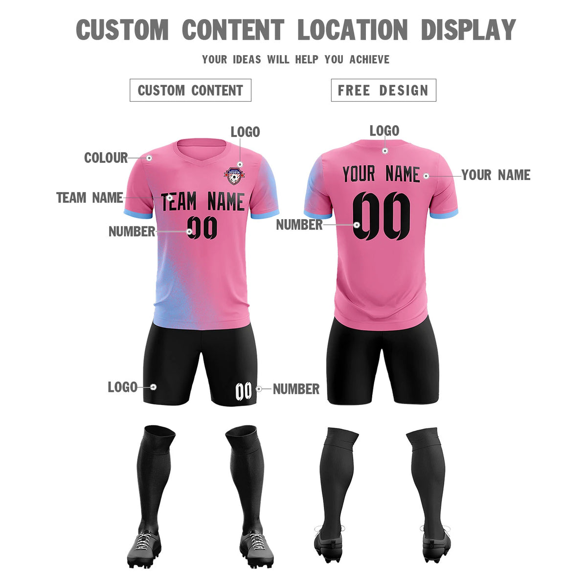 Custom Pink Light Blue Outdoor Sport Soccer Sets Jersey