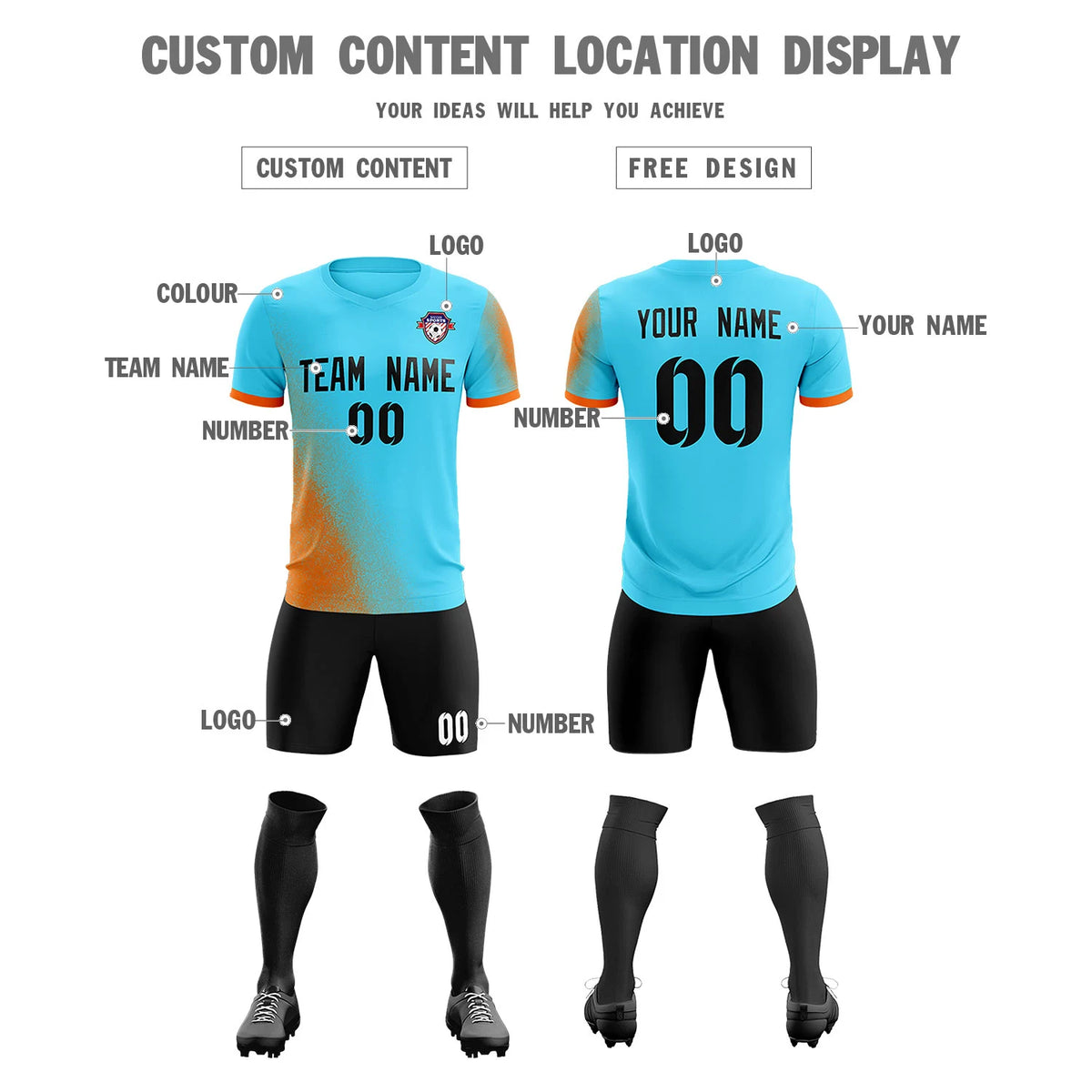 Custom Sky Blue Orange Outdoor Sport Soccer Sets Jersey
