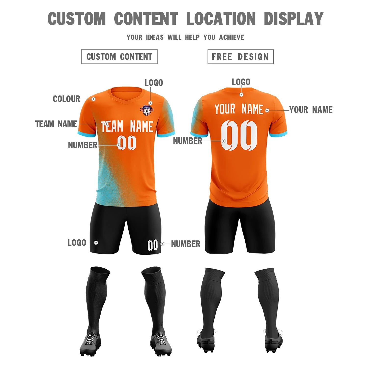 Custom Orange Sky Blue Outdoor Sport Soccer Sets Jersey