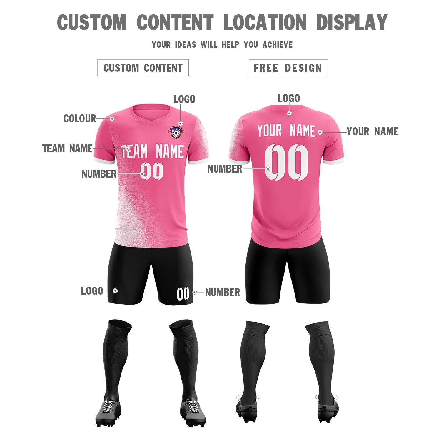 Custom Pink White Outdoor Sport Soccer Sets Jersey