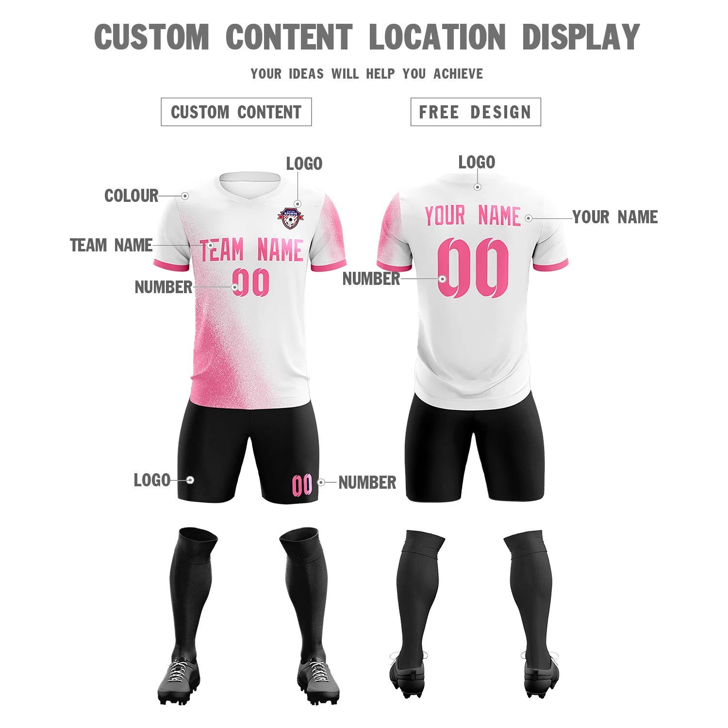 Custom White Pink Outdoor Sport Soccer Sets Jersey