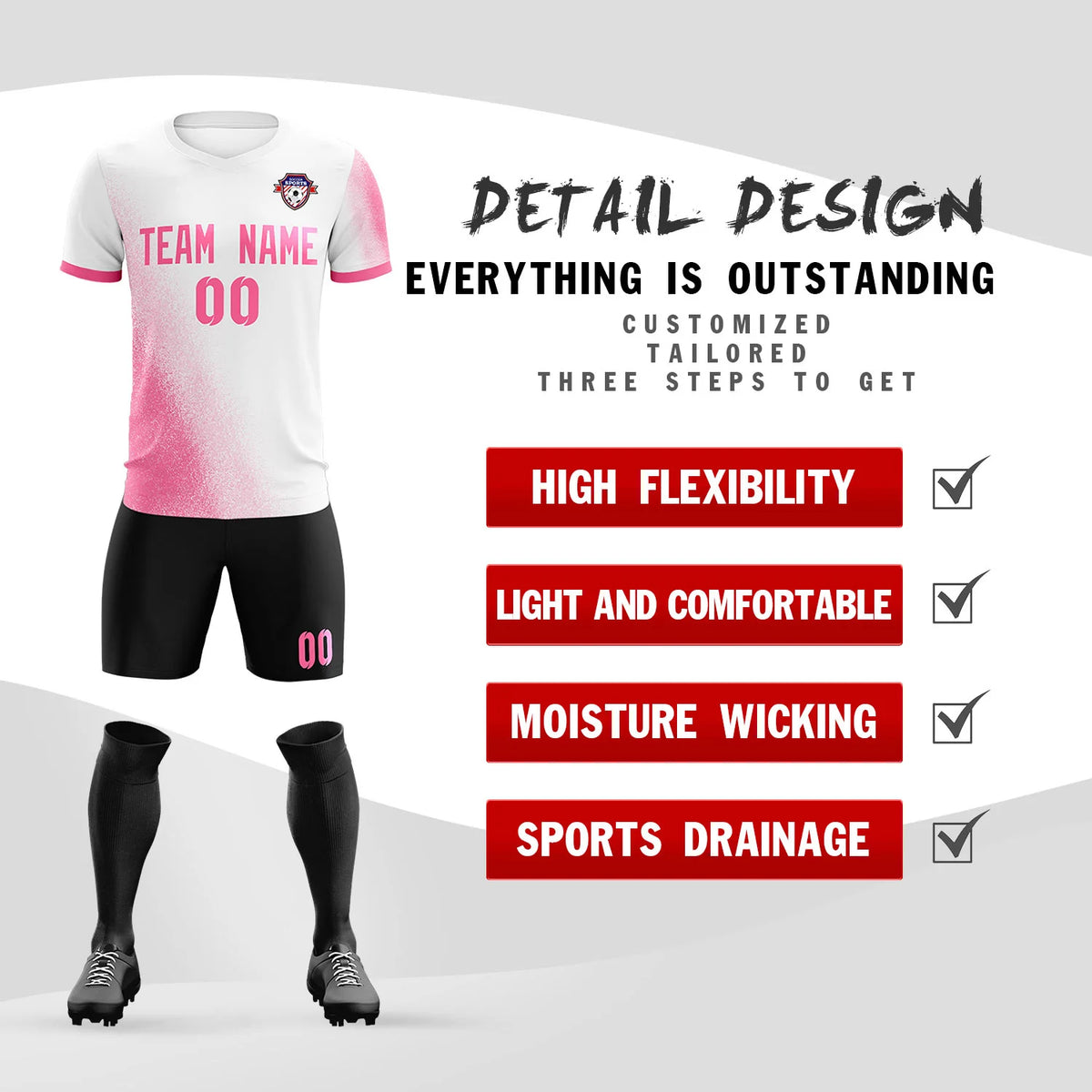 Custom White Pink Outdoor Sport Soccer Sets Jersey