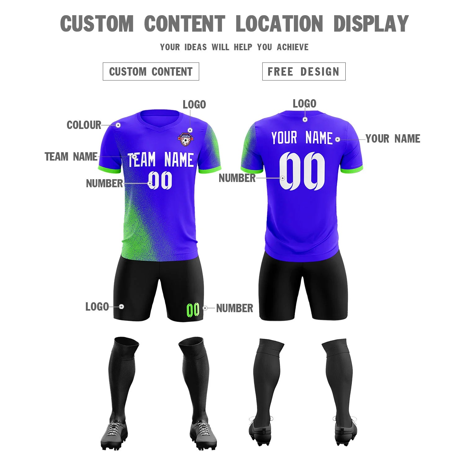 Custom Royal Blue Neon Green Outdoor Sport Soccer Sets Jersey