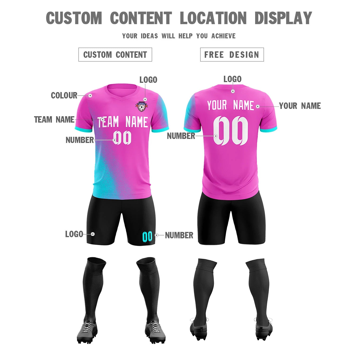 Custom Pink Sky Blue Outdoor Sport Soccer Sets Jersey