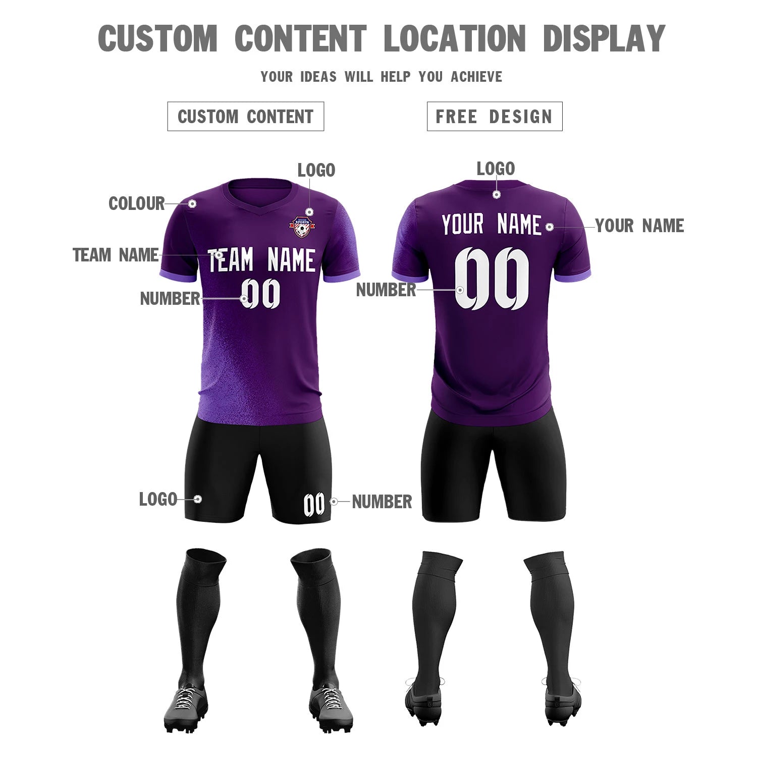 Custom Purple Light Purple Outdoor Sport Soccer Sets Jersey
