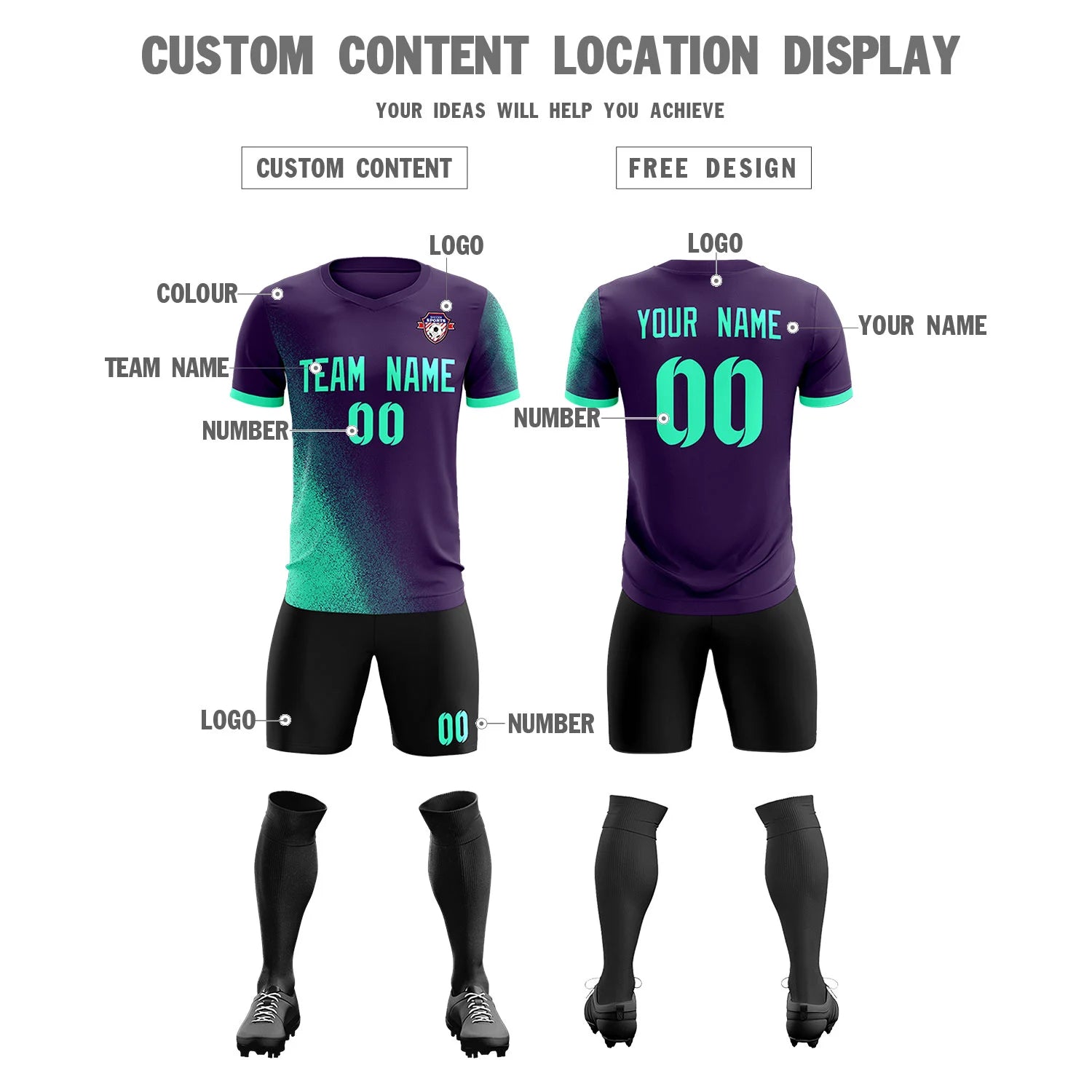 Custom Dark Purple Green Outdoor Sport Soccer Sets Jersey