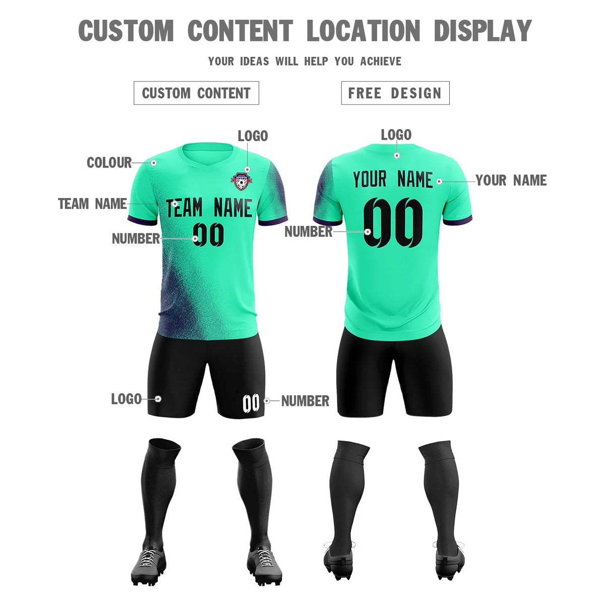 Custom Green Dark Purple Outdoor Sport Soccer Sets Jersey