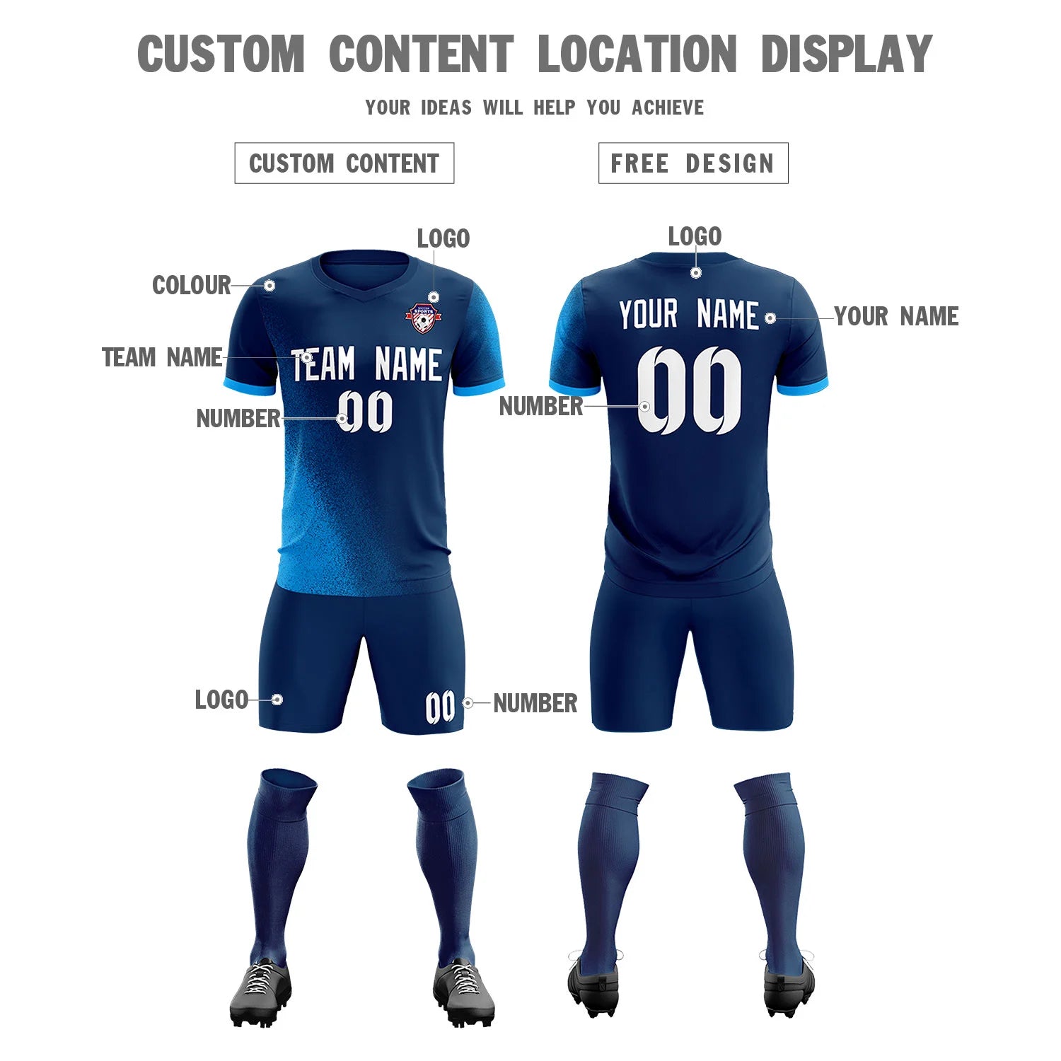 Custom Navy Powder Blue Outdoor Sport Soccer Sets Jersey