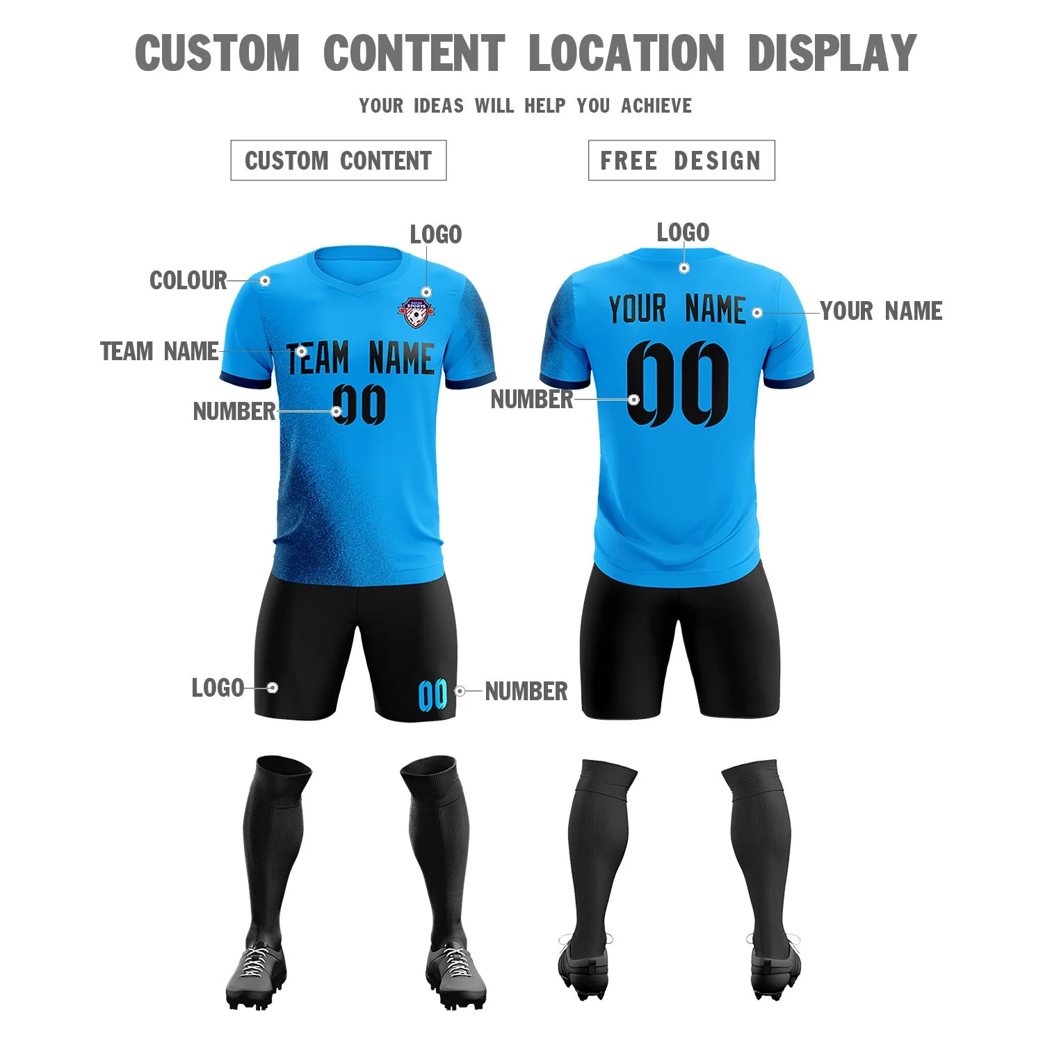 Custom Powder Blue Navy Outdoor Sport Soccer Sets Jersey