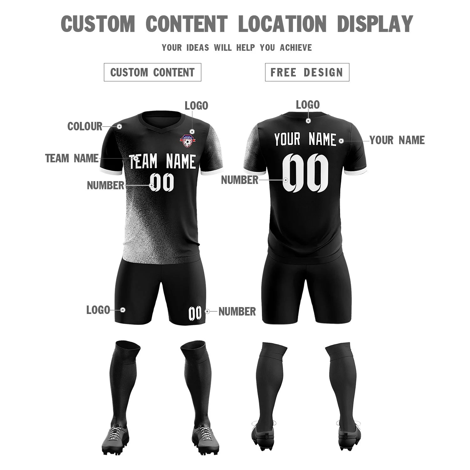 Custom Black White Outdoor Sport Soccer Sets Jersey