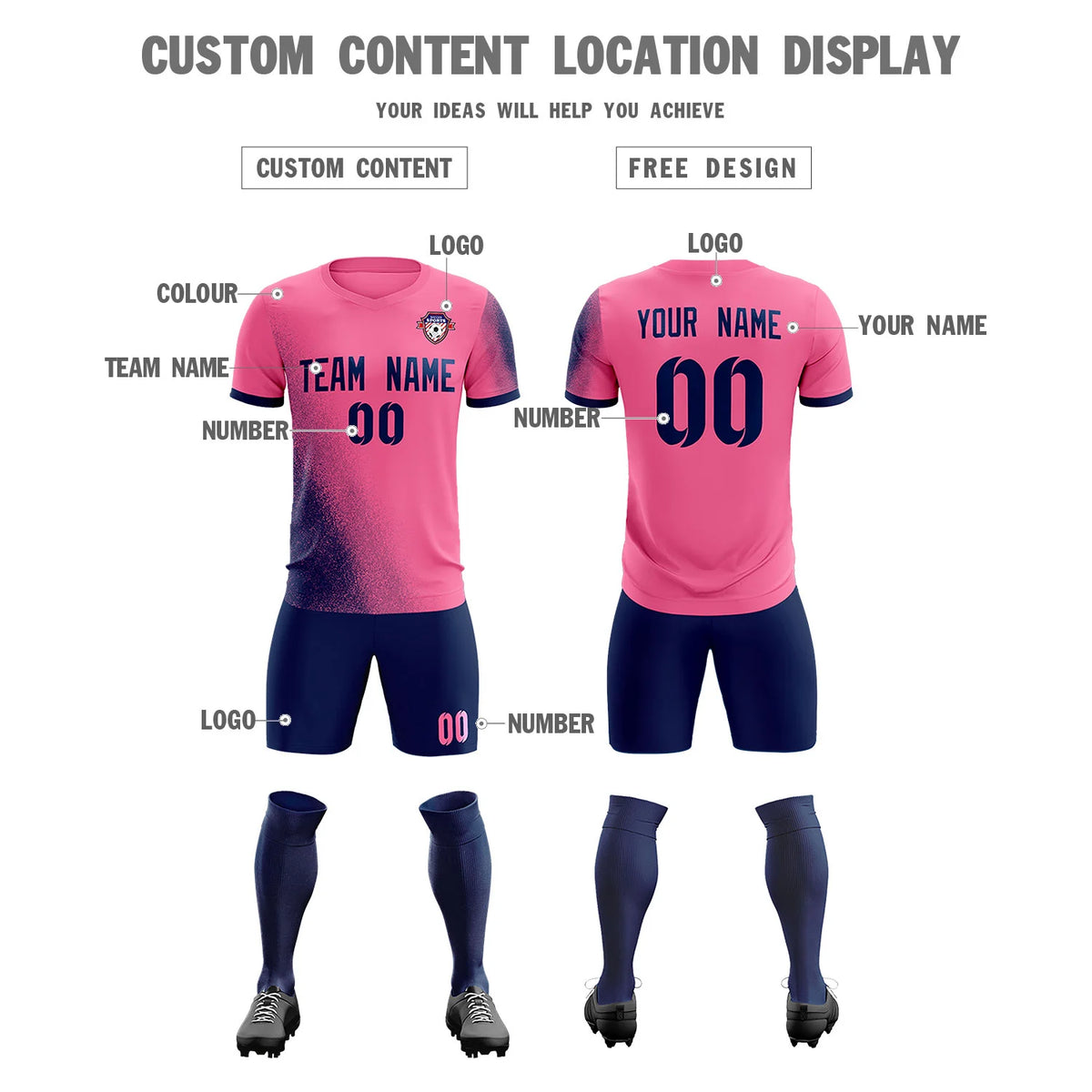 Custom Pink Navy Outdoor Sport Soccer Sets Jersey