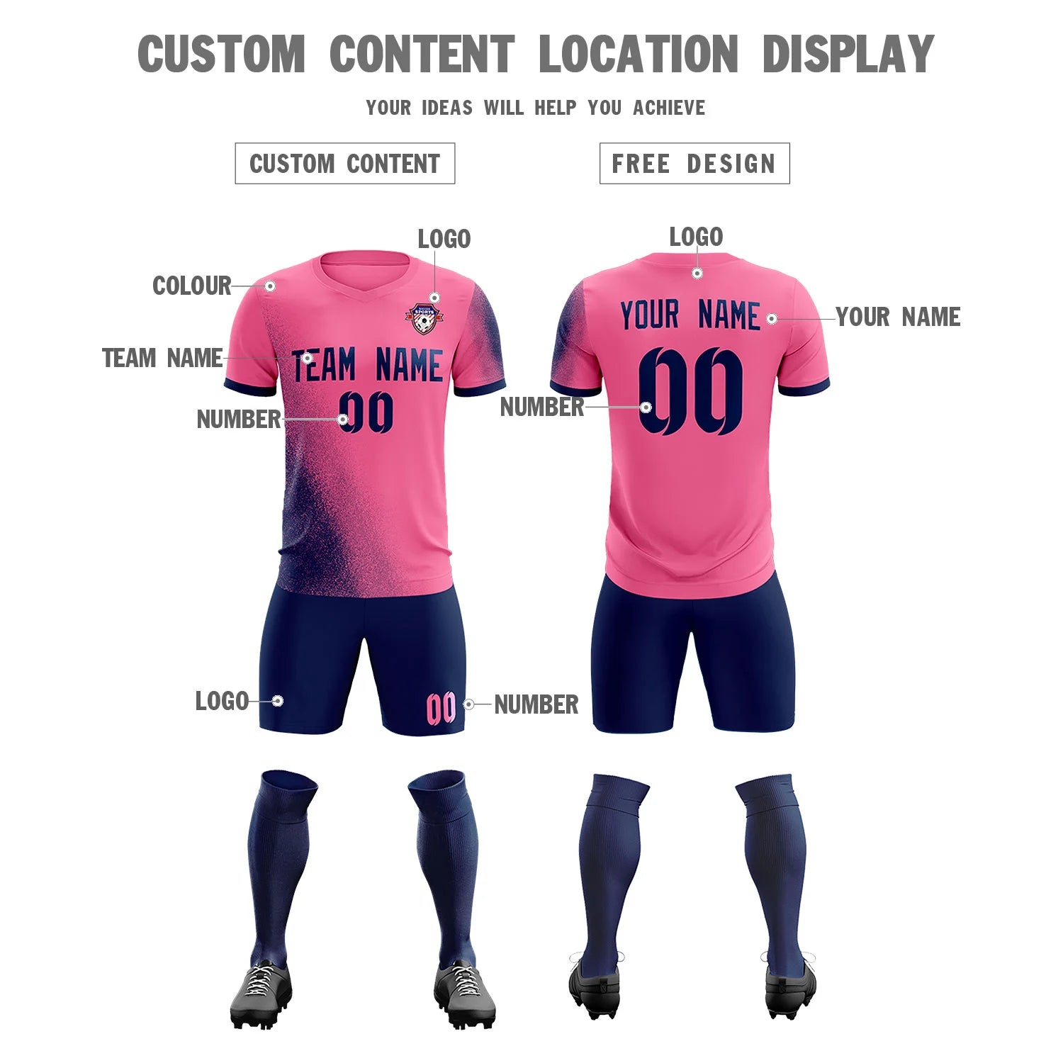 Custom Pink Navy Outdoor Sport Soccer Sets Jersey