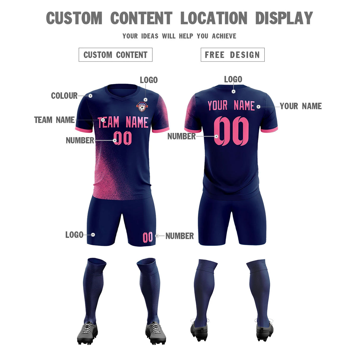 Custom Navy Pink Outdoor Sport Soccer Sets Jersey