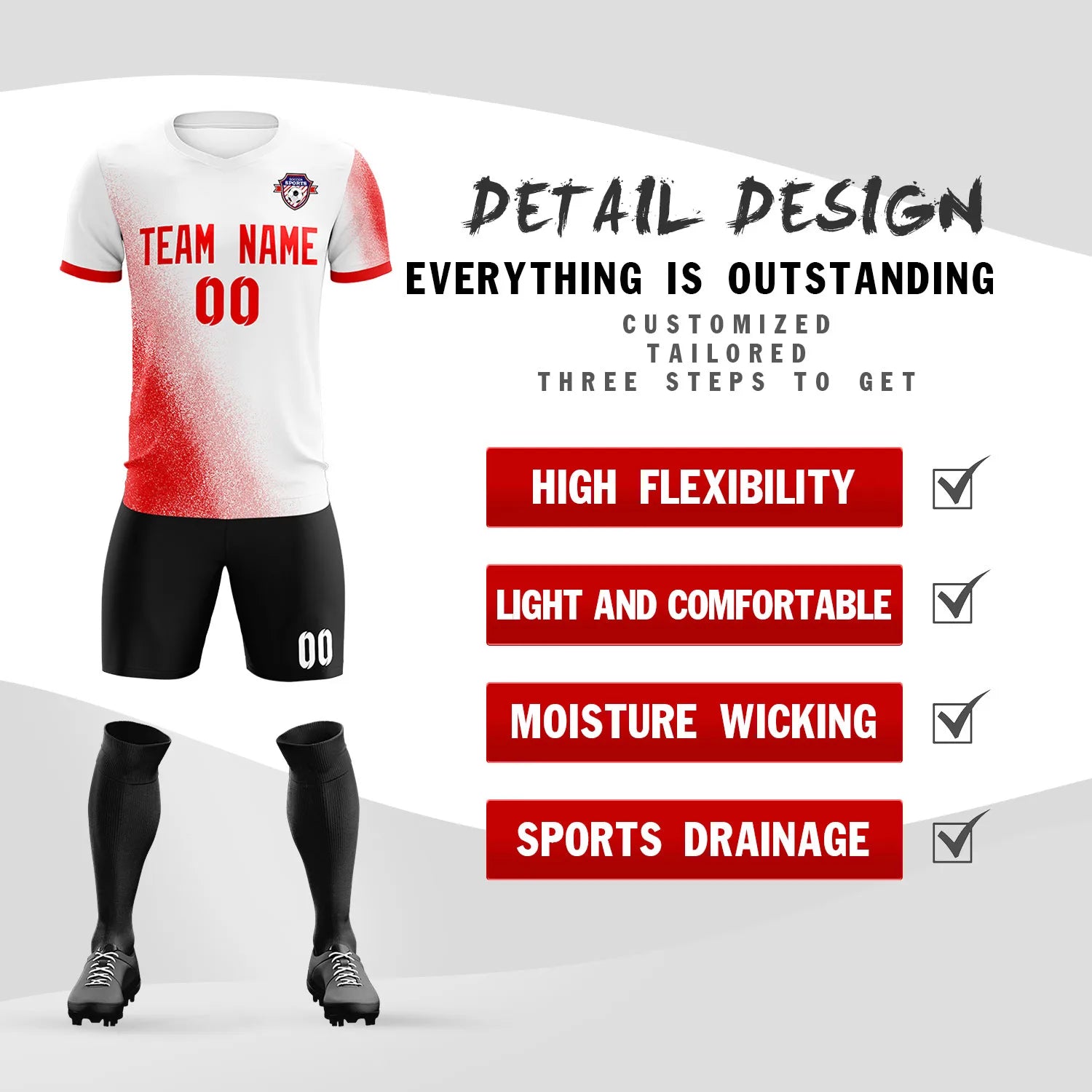 Custom White Red Outdoor Sport Soccer Sets Jersey