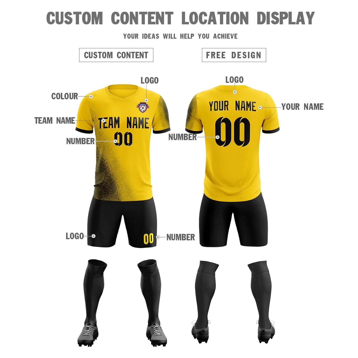 Custom Gold01 Black Outdoor Sport Soccer Sets Jersey