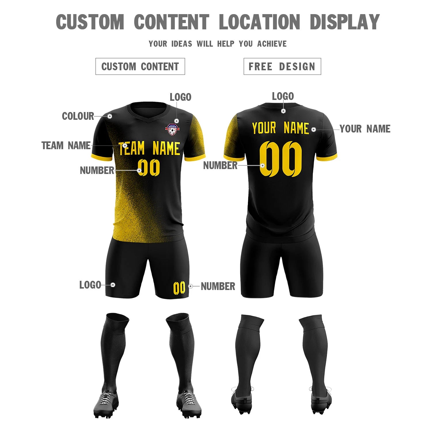 Custom Black Gold01 Outdoor Sport Soccer Sets Jersey