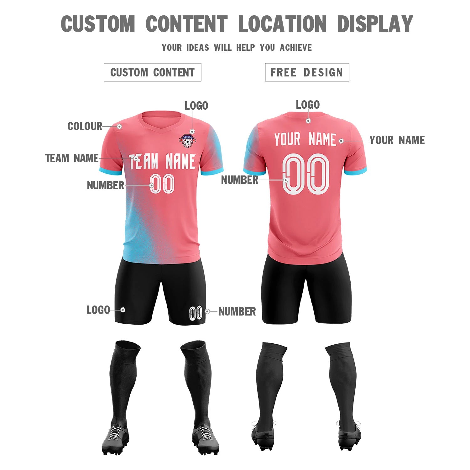 Custom Light Red Sky Blue Outdoor Sport Soccer Sets Jersey