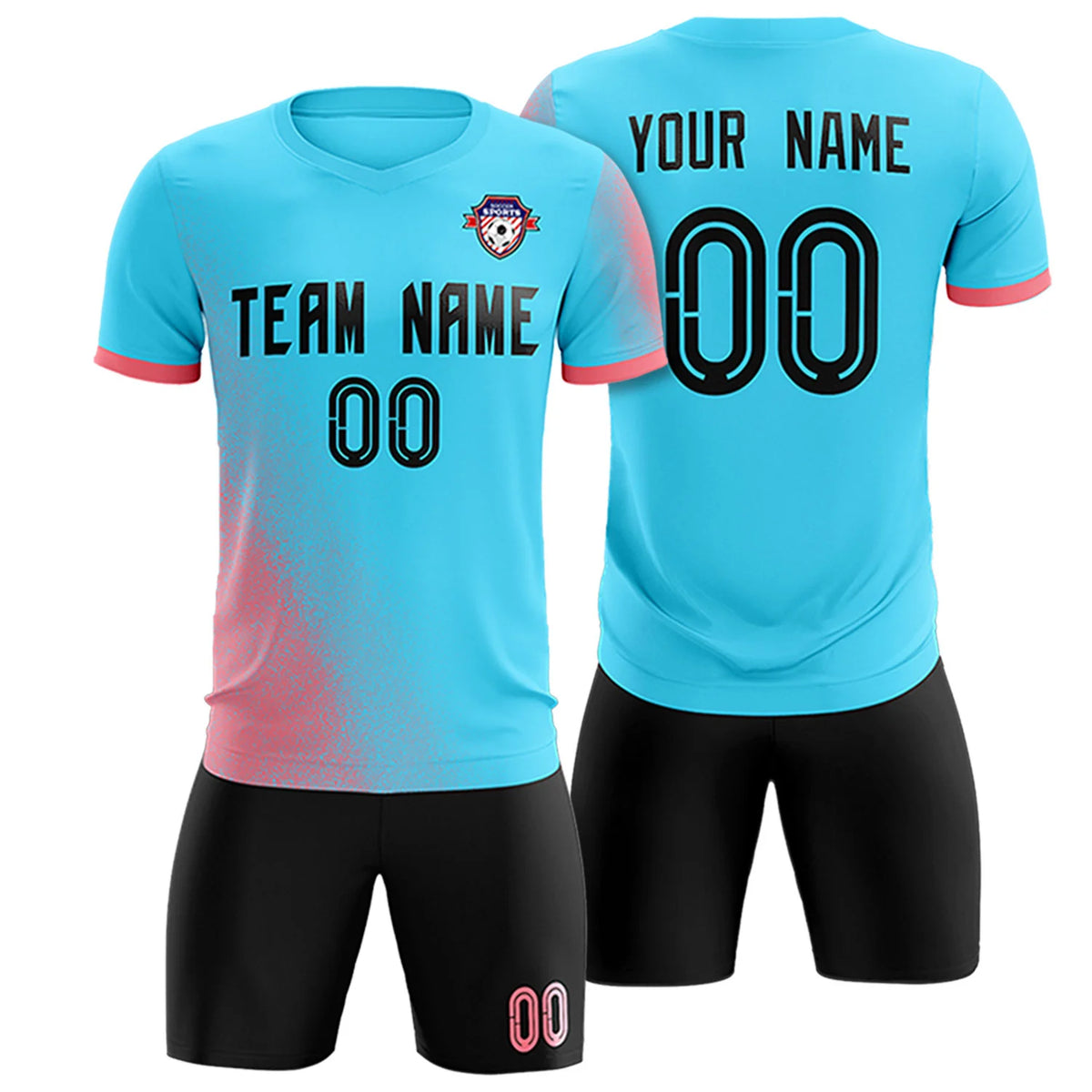 Custom Sky Blue Light Red Outdoor Sport Soccer Sets Jersey