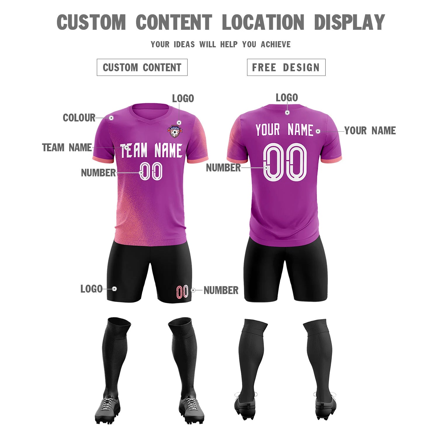 Custom Light Purple Light Red Outdoor Sport Soccer Sets Jersey