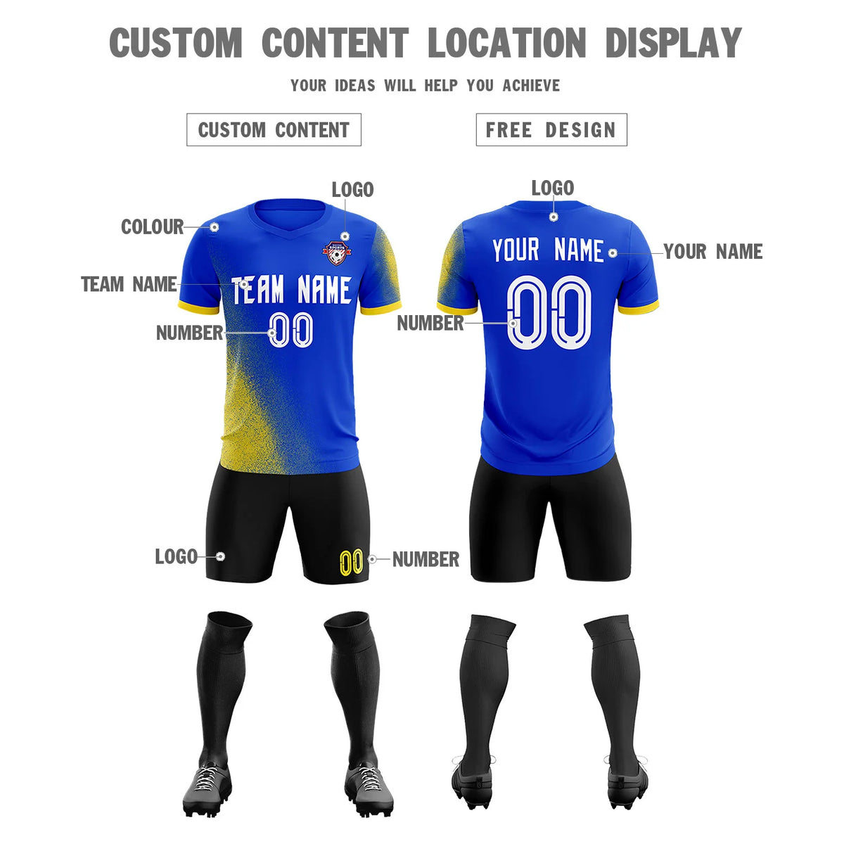 Custom Royal Blue Gold01 Outdoor Sport Soccer Sets Jersey