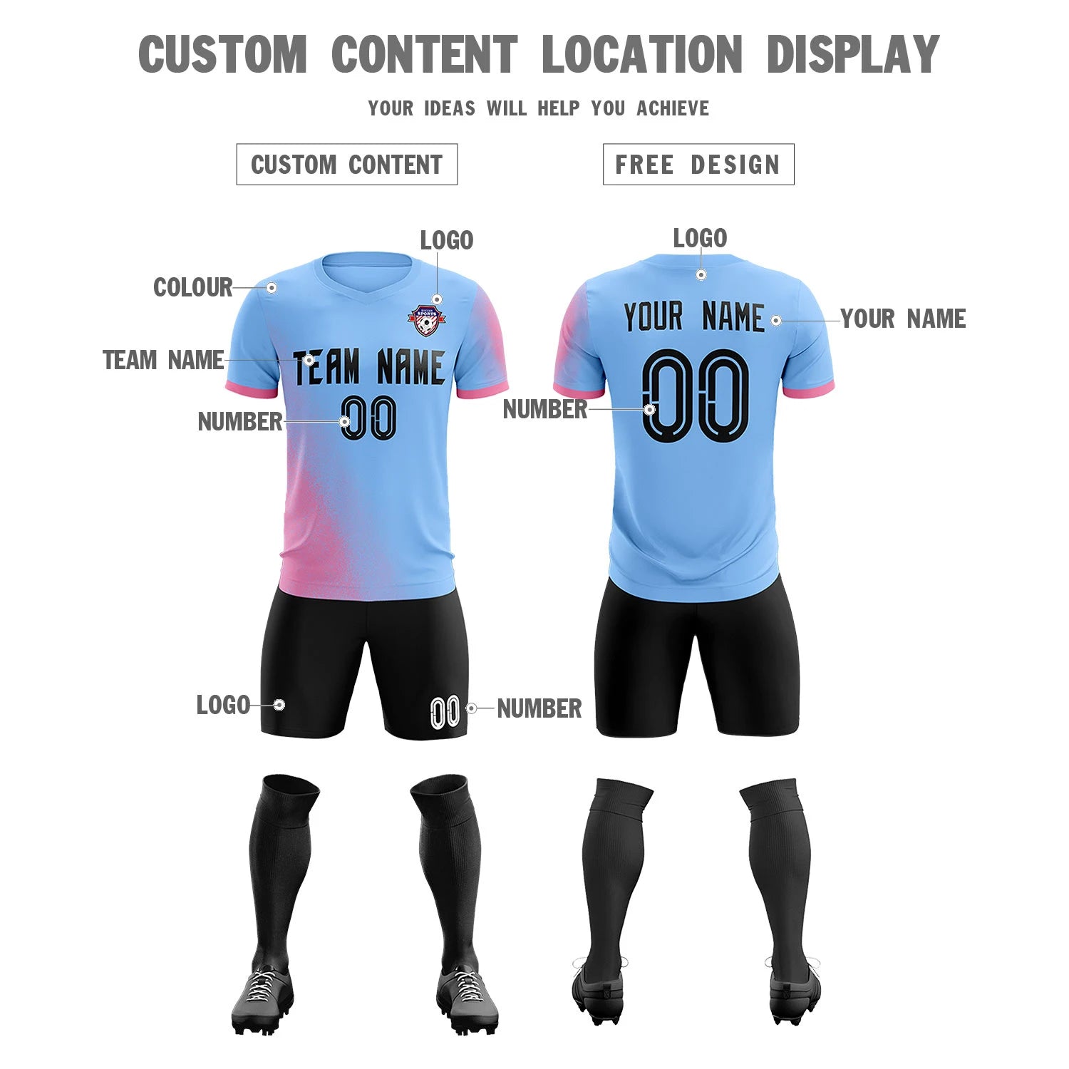 Custom Light Blue Pink Outdoor Sport Soccer Sets Jersey