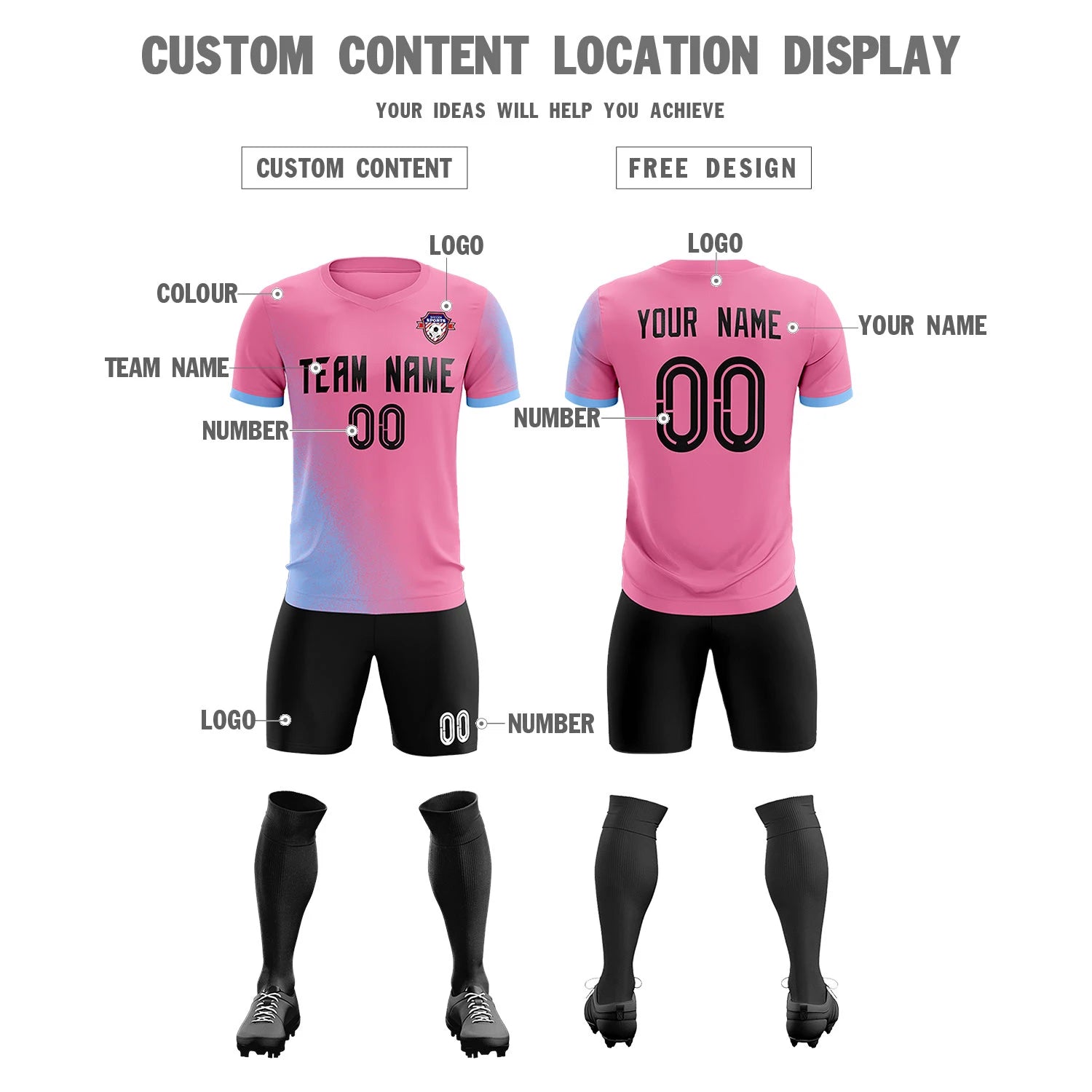 Custom Pink Light Blue Outdoor Sport Soccer Sets Jersey
