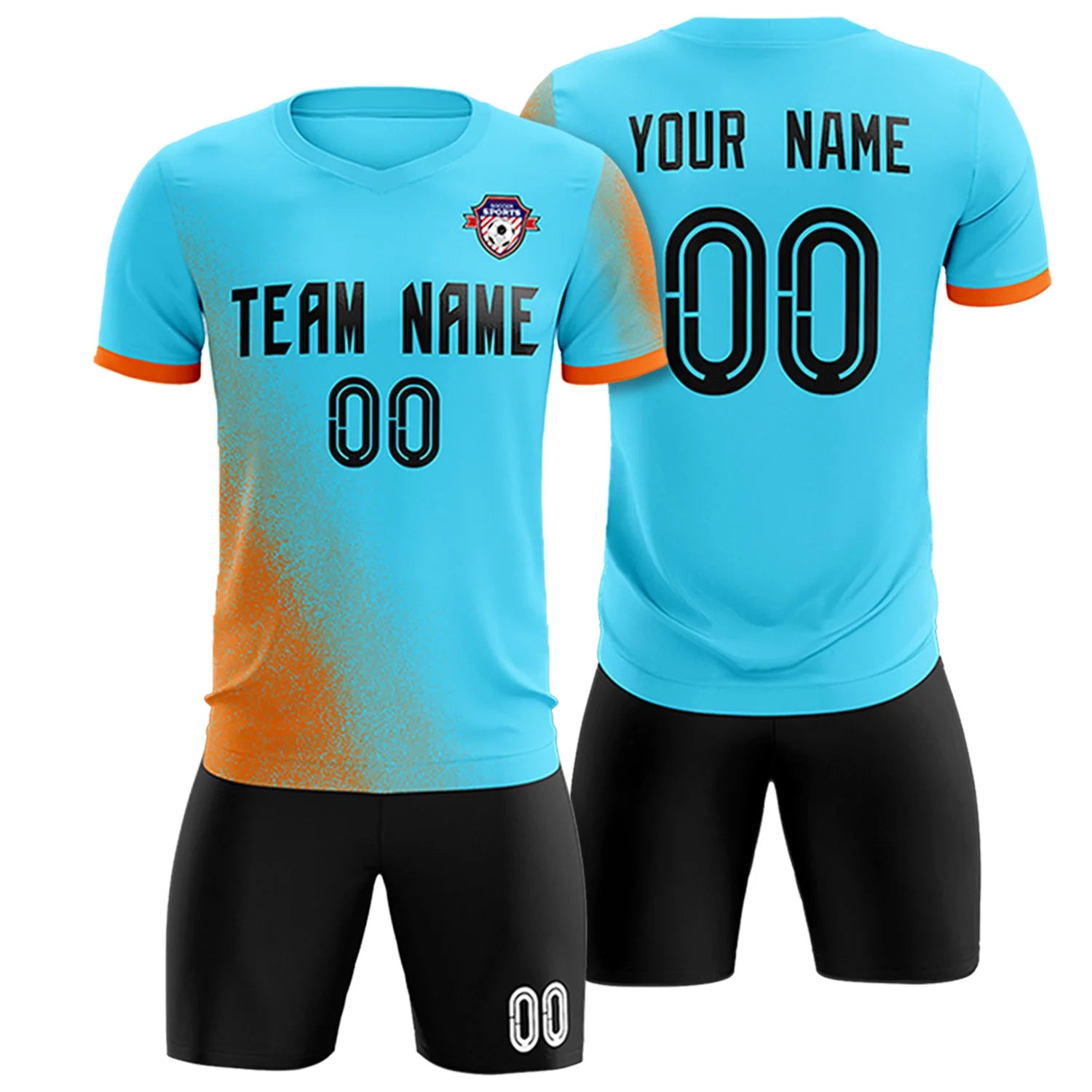 Custom Sky Blue Orange Outdoor Sport Soccer Sets Jersey